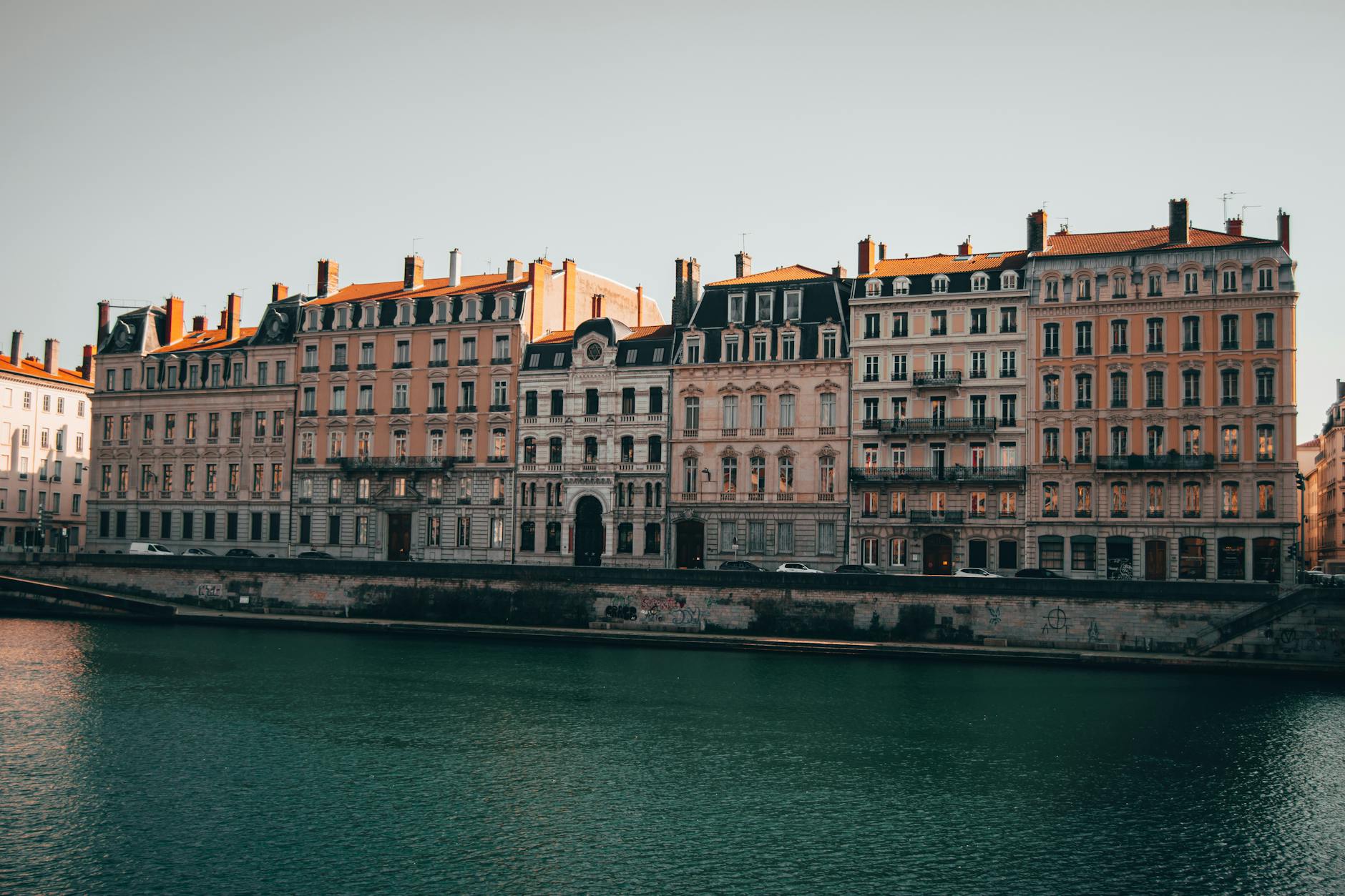 Historic buildings lining the Rhone River in Lyon