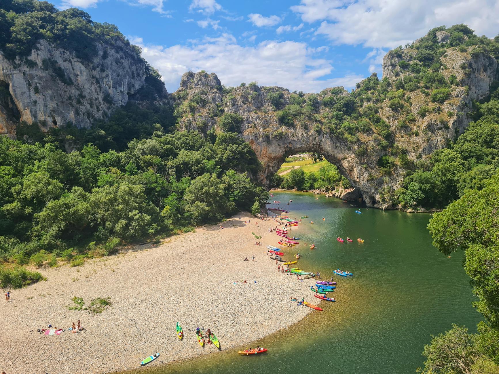 Kayakers at Pont d'Arc in the Ardeche Gorge