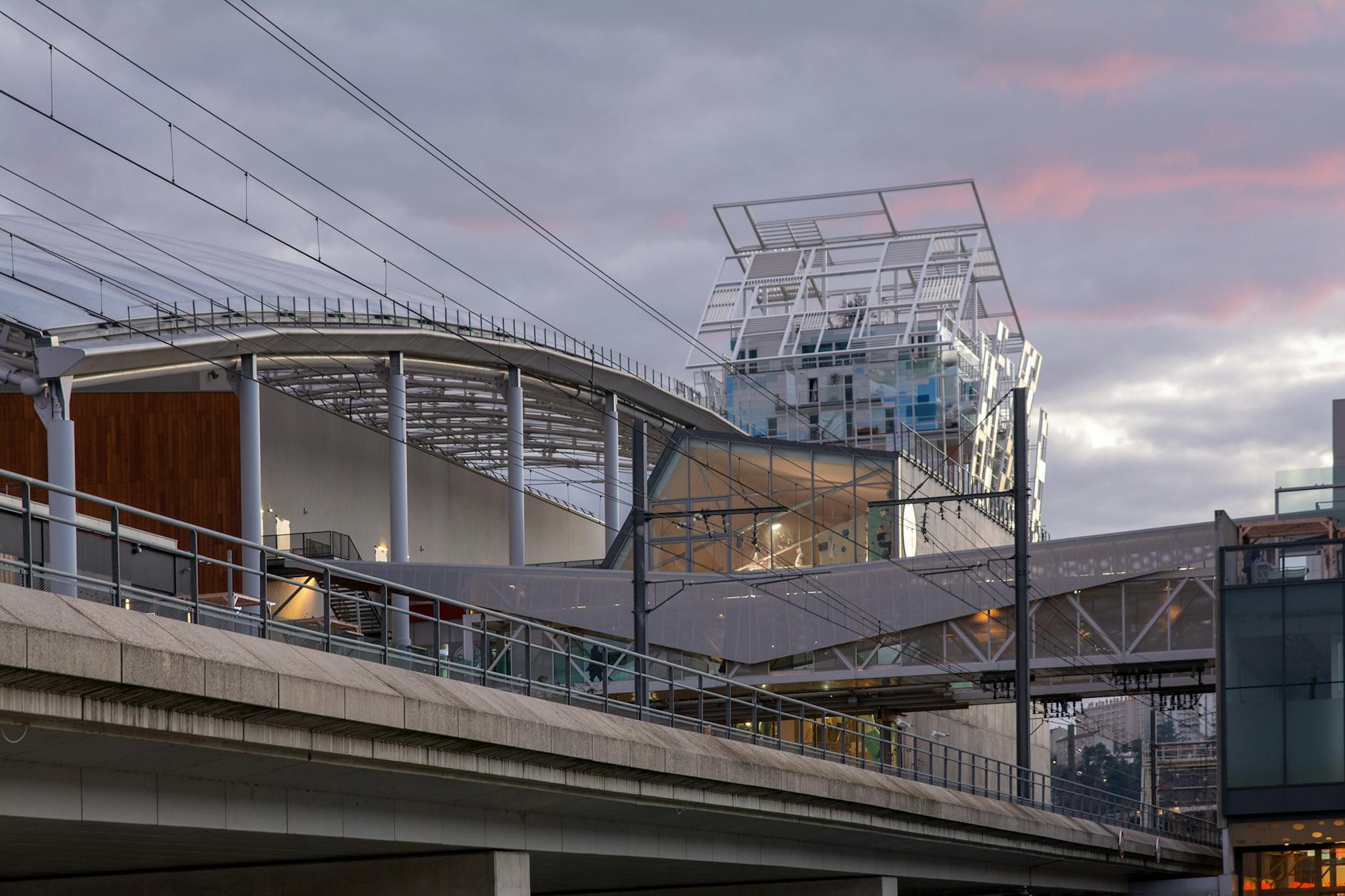 Modern railway station architecture in Lyon at sunset