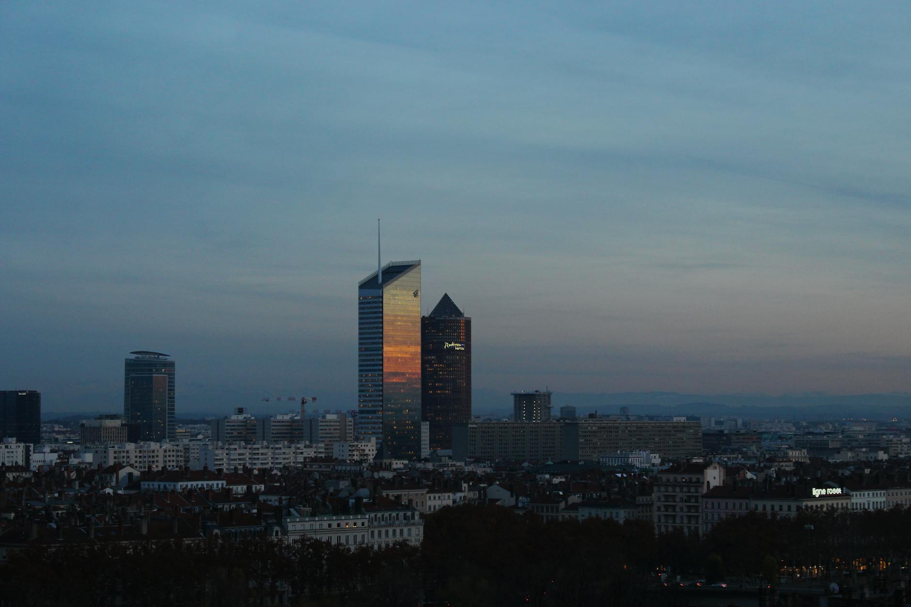 Lyon skyline with skyscrapers at sunset