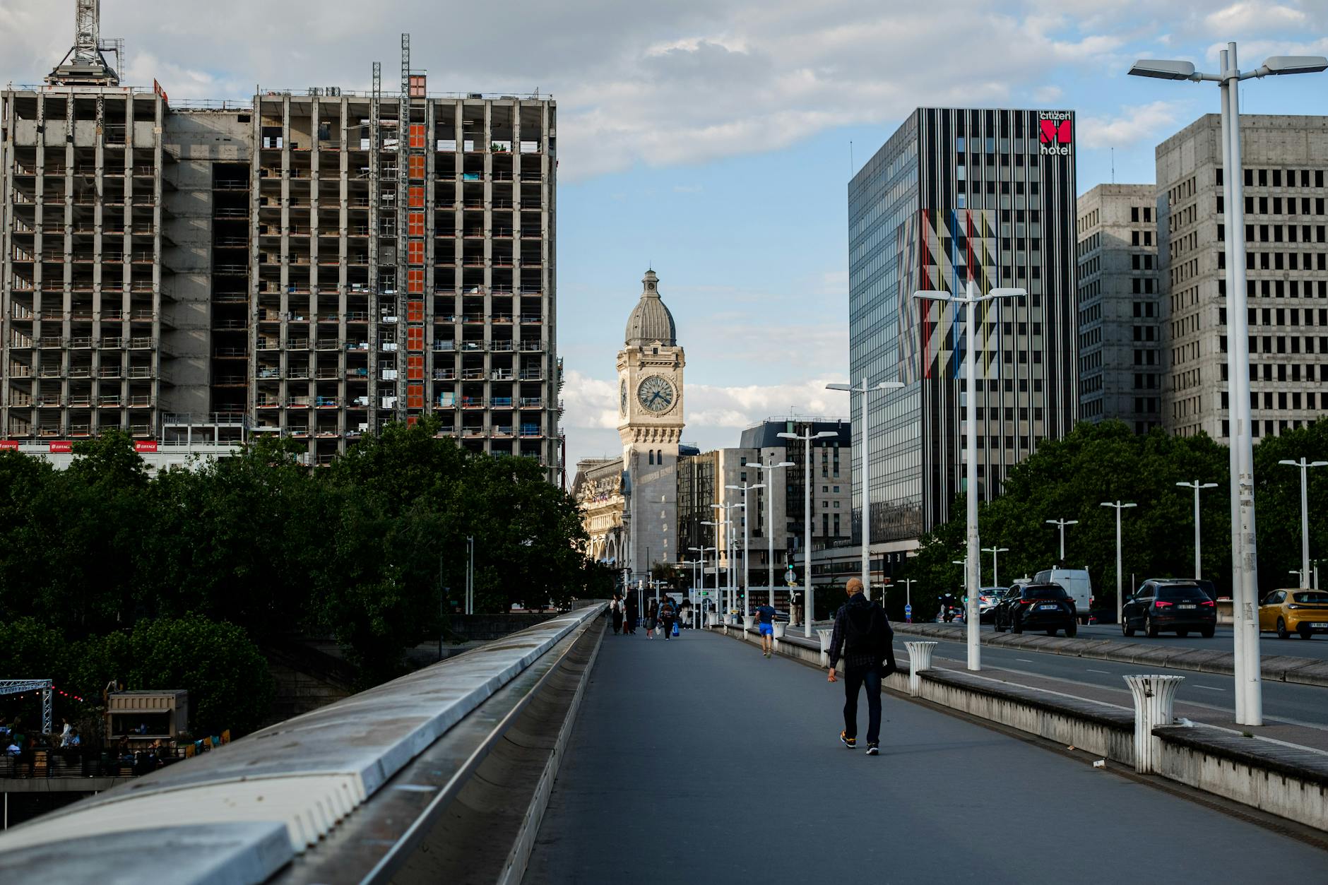 Urban bridge and business-district street scene