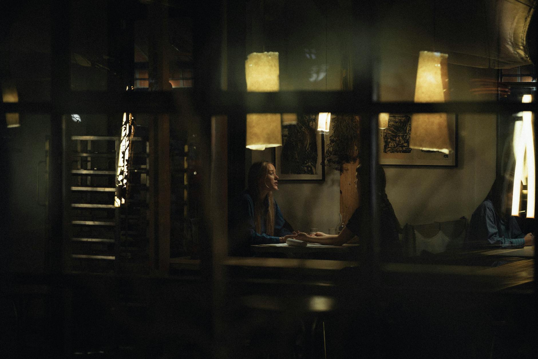 Quiet business dinner conversation in a restaurant