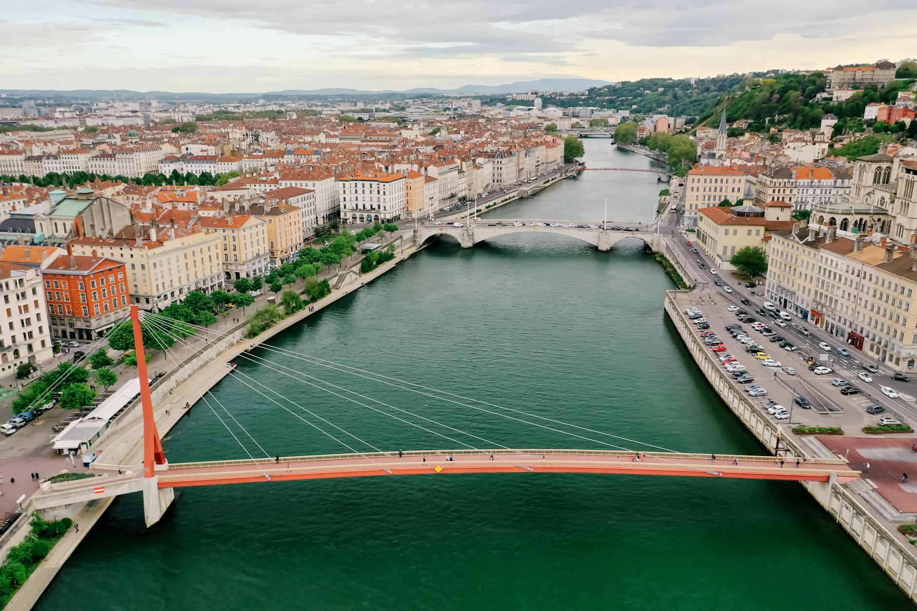 Aerial view of Lyon with the Saone River and bridges