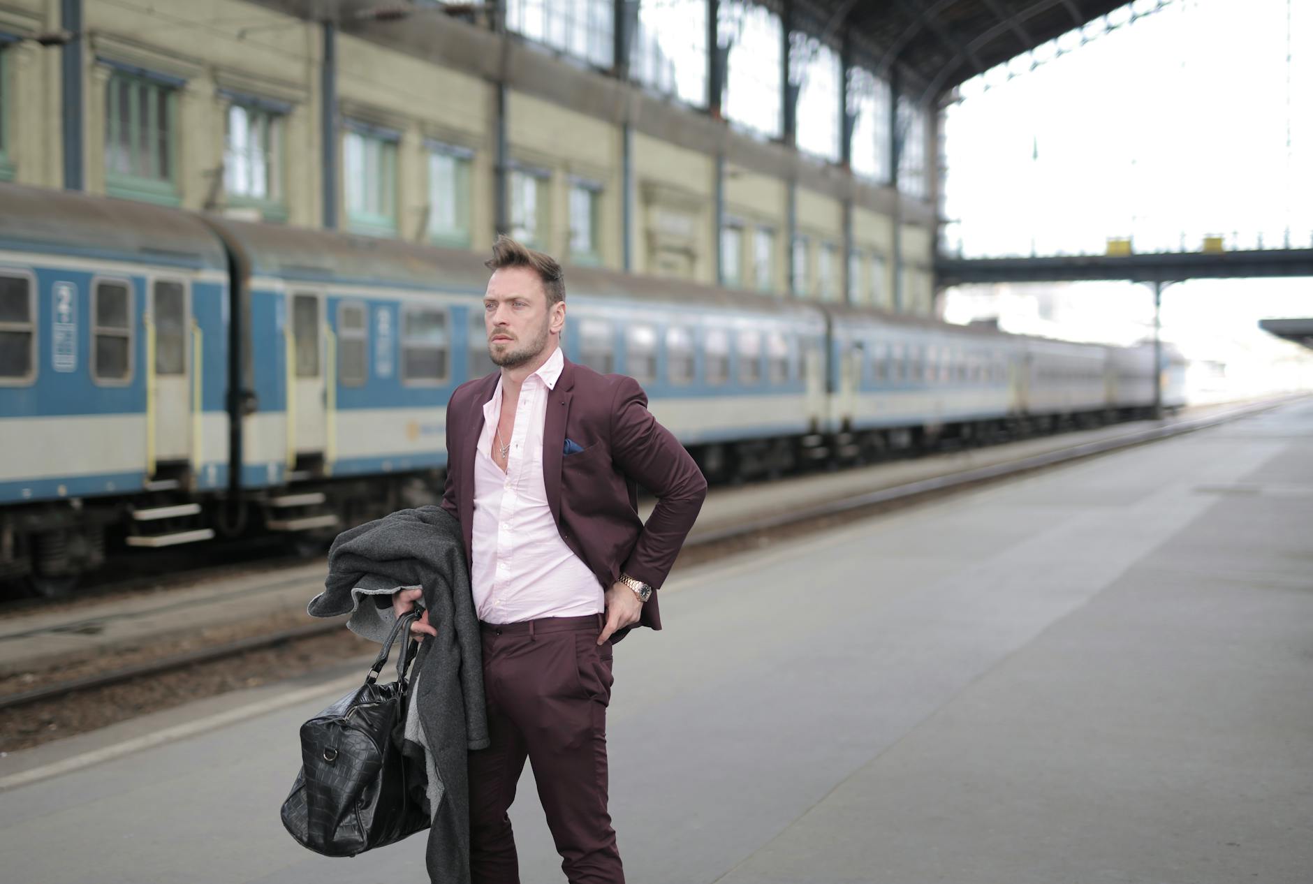 Business traveler waiting at a train station
