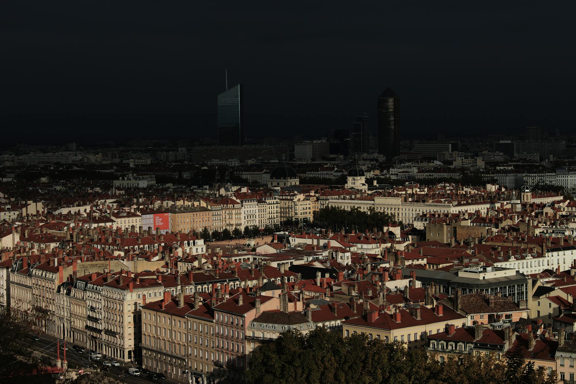 Aerial view of Lyon neighborhoods and distant towers