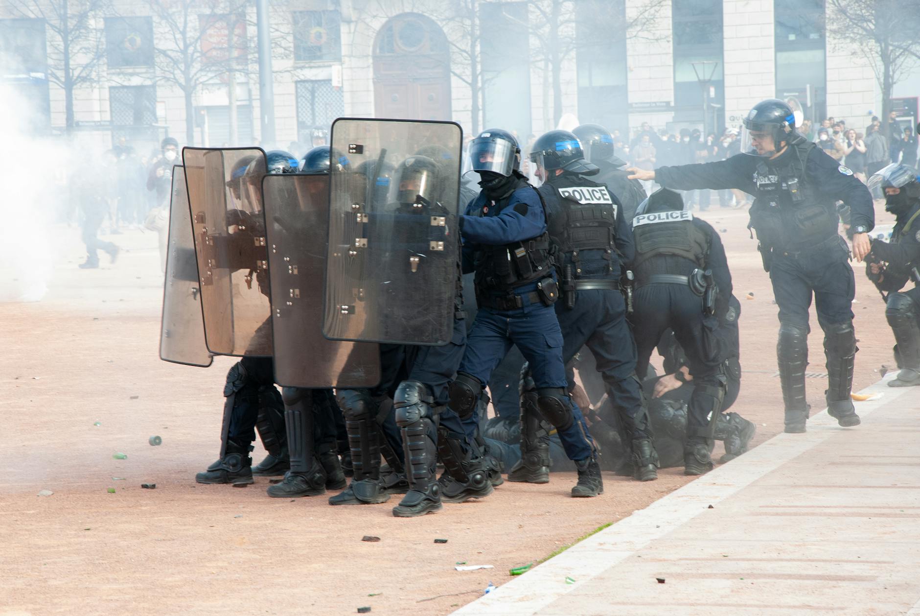 Police officers in riot gear during a demonstration in Lyon