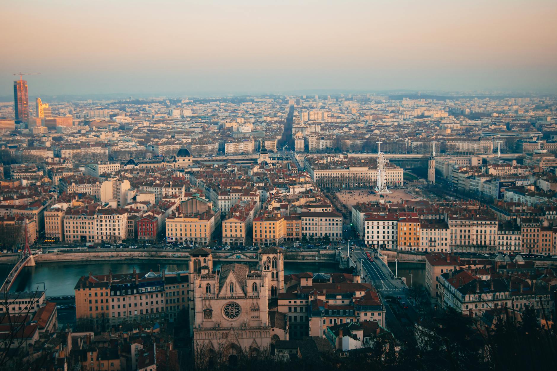 Aerial sunset view over Lyon before evening activity begins