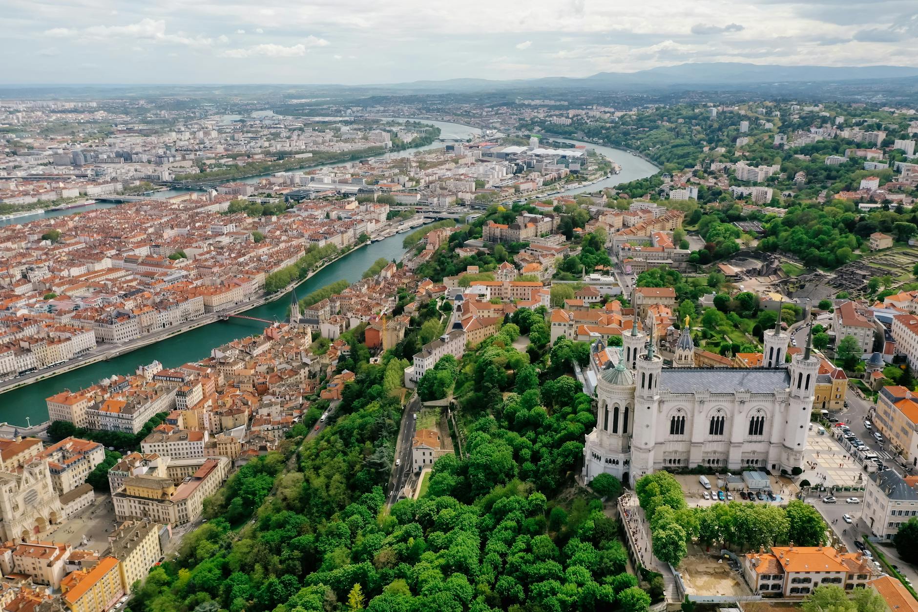 Aerial view of Lyon with the basilica above the city