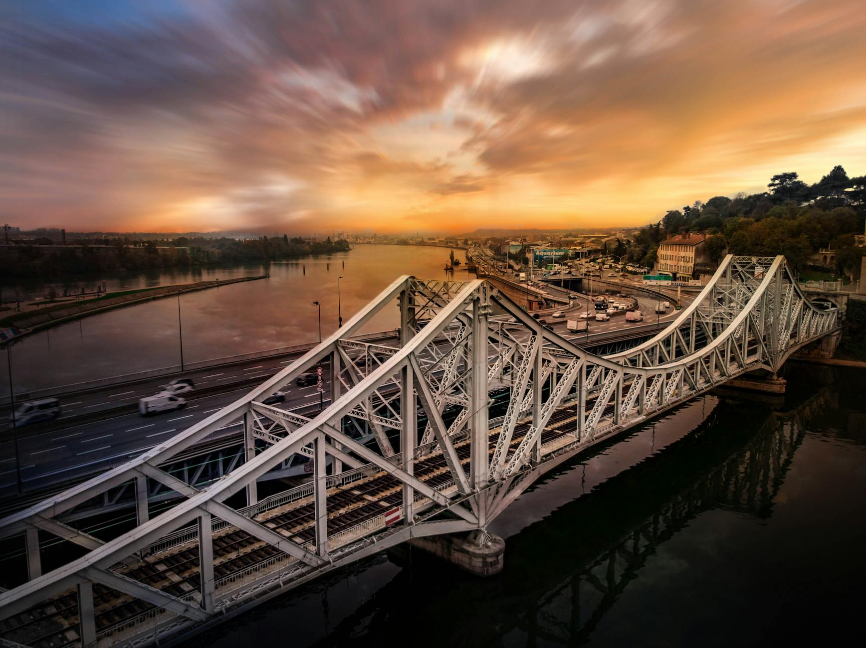 Bridge over the river in Lyon at sunset