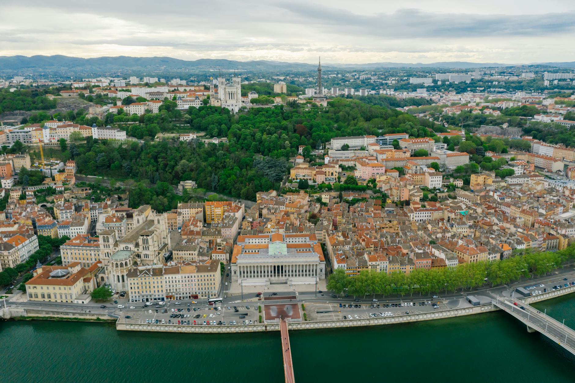 Aerial river view of Lyon at night