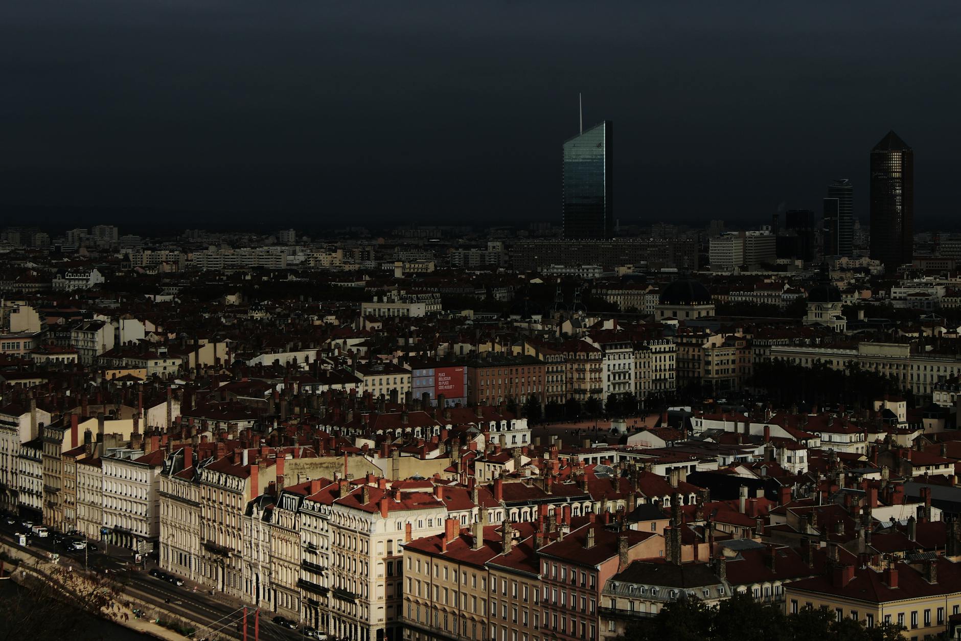 Aerial view of Lyon residential streets and rooftops