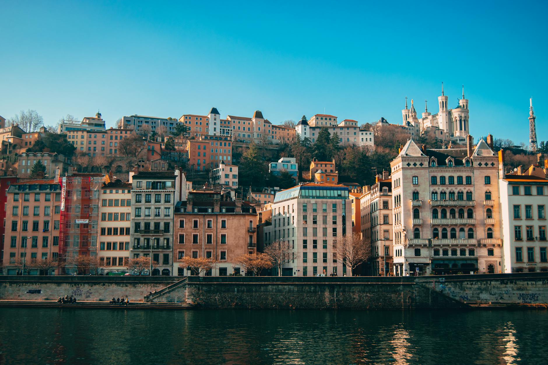 Historic Lyon buildings along the Rhone River