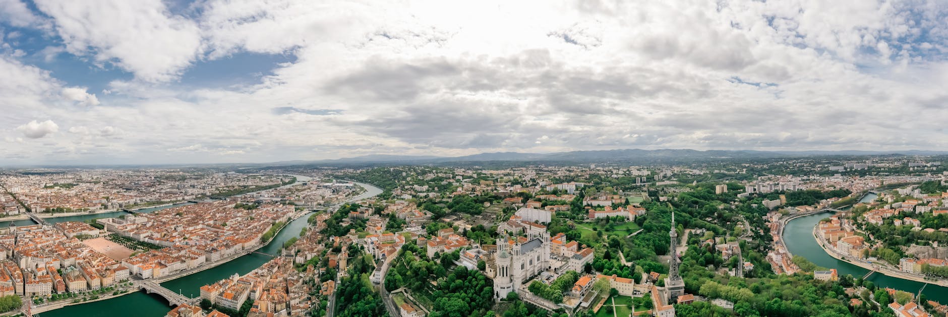 Aerial panorama of Lyon, Fourviere, and the rivers