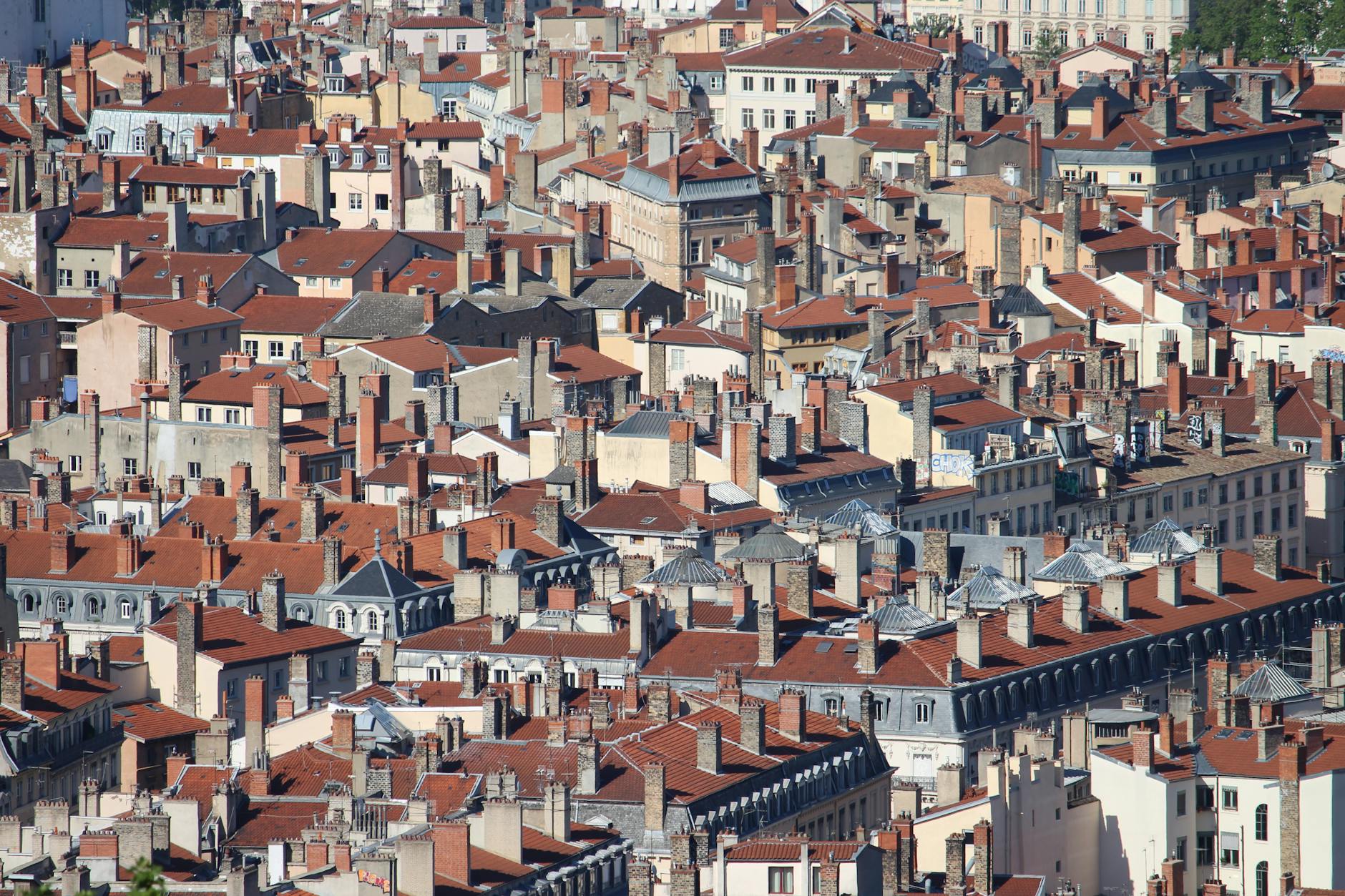 Historic rooftops and dense central Lyon from above