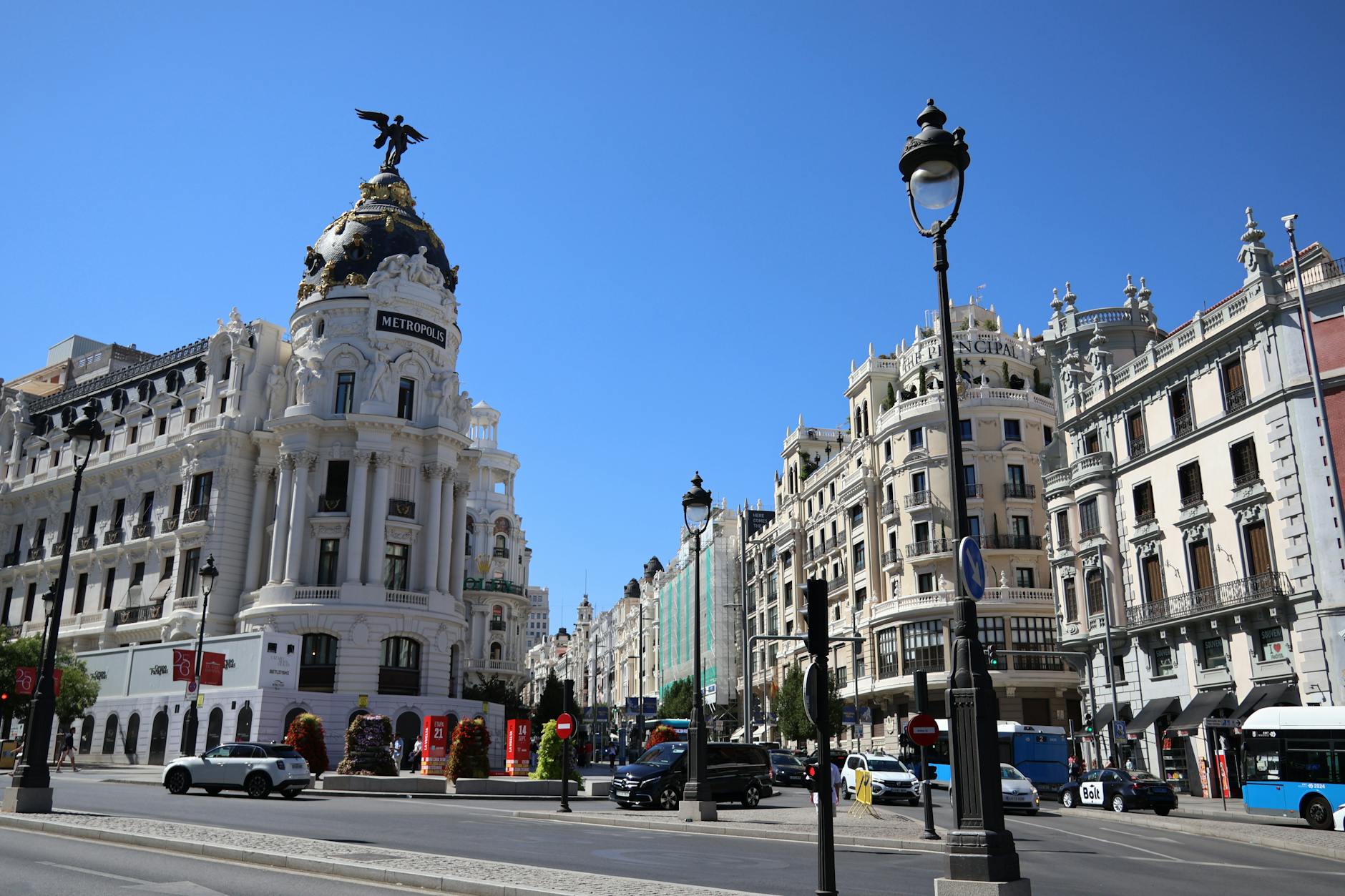 Metropolis Building on Gran Via in Madrid under a clear sky
