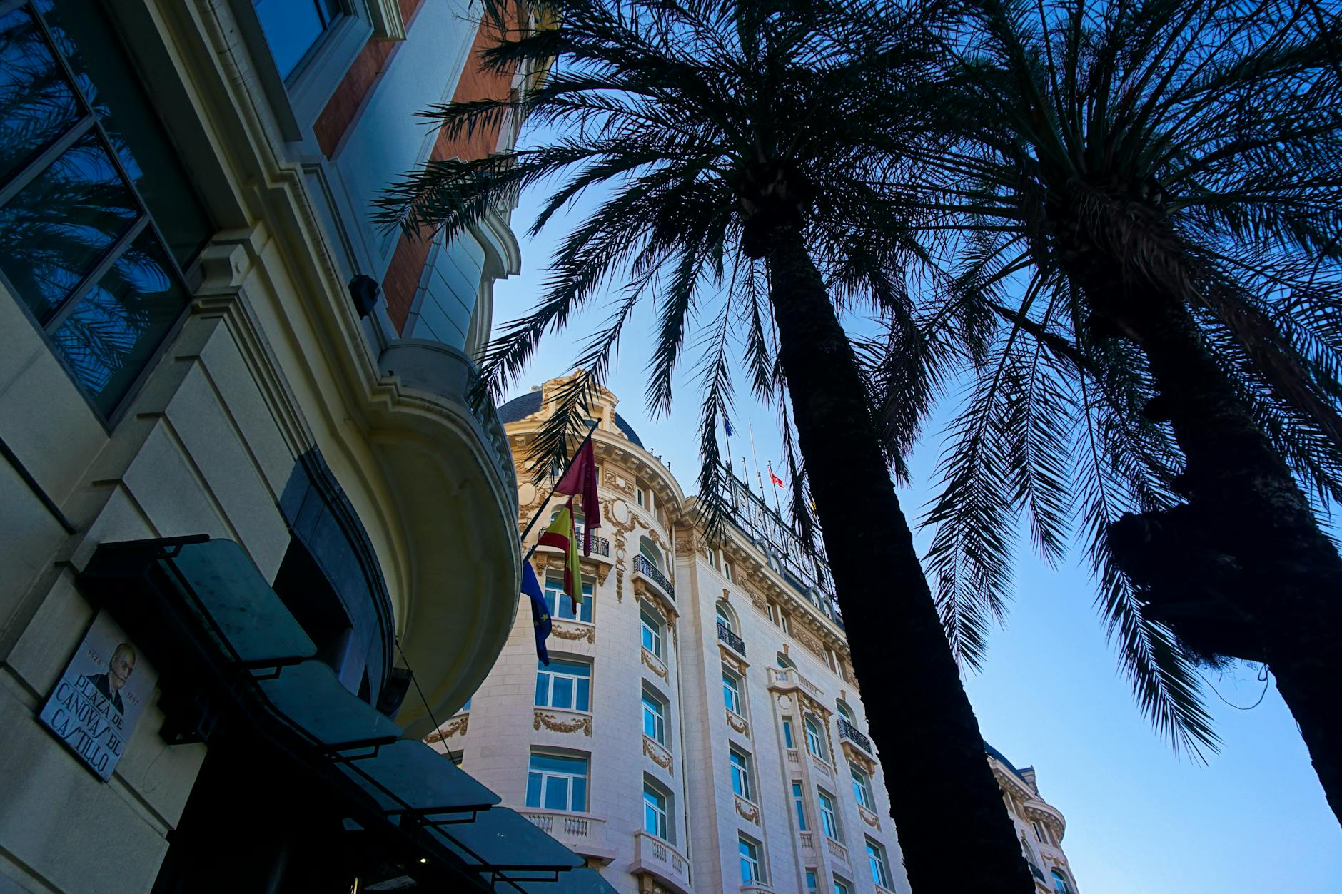 Elegant Madrid architecture with palm trees and a sunny street