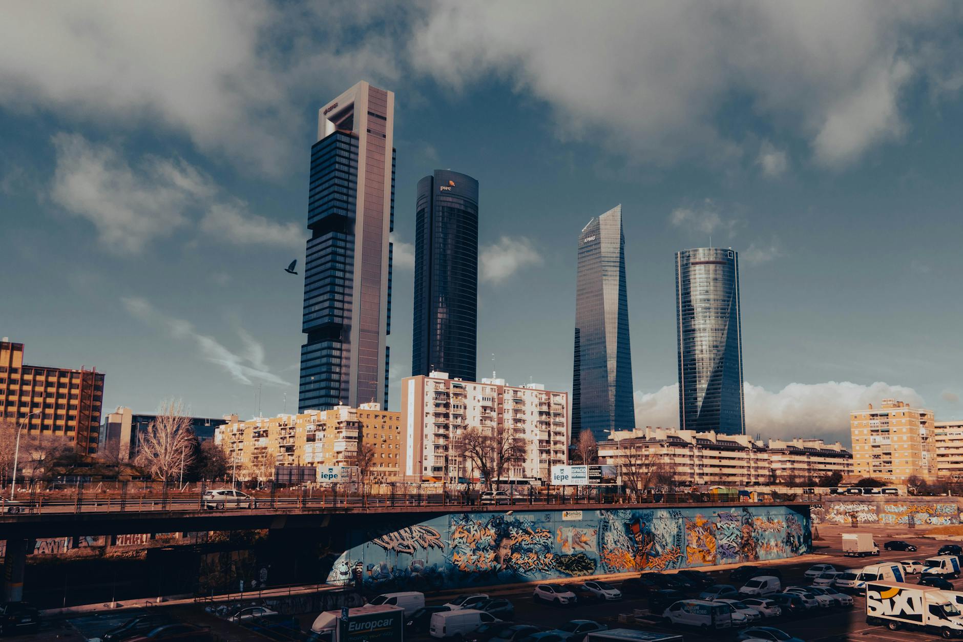 Madrid skyscrapers and urban foreground near the business district