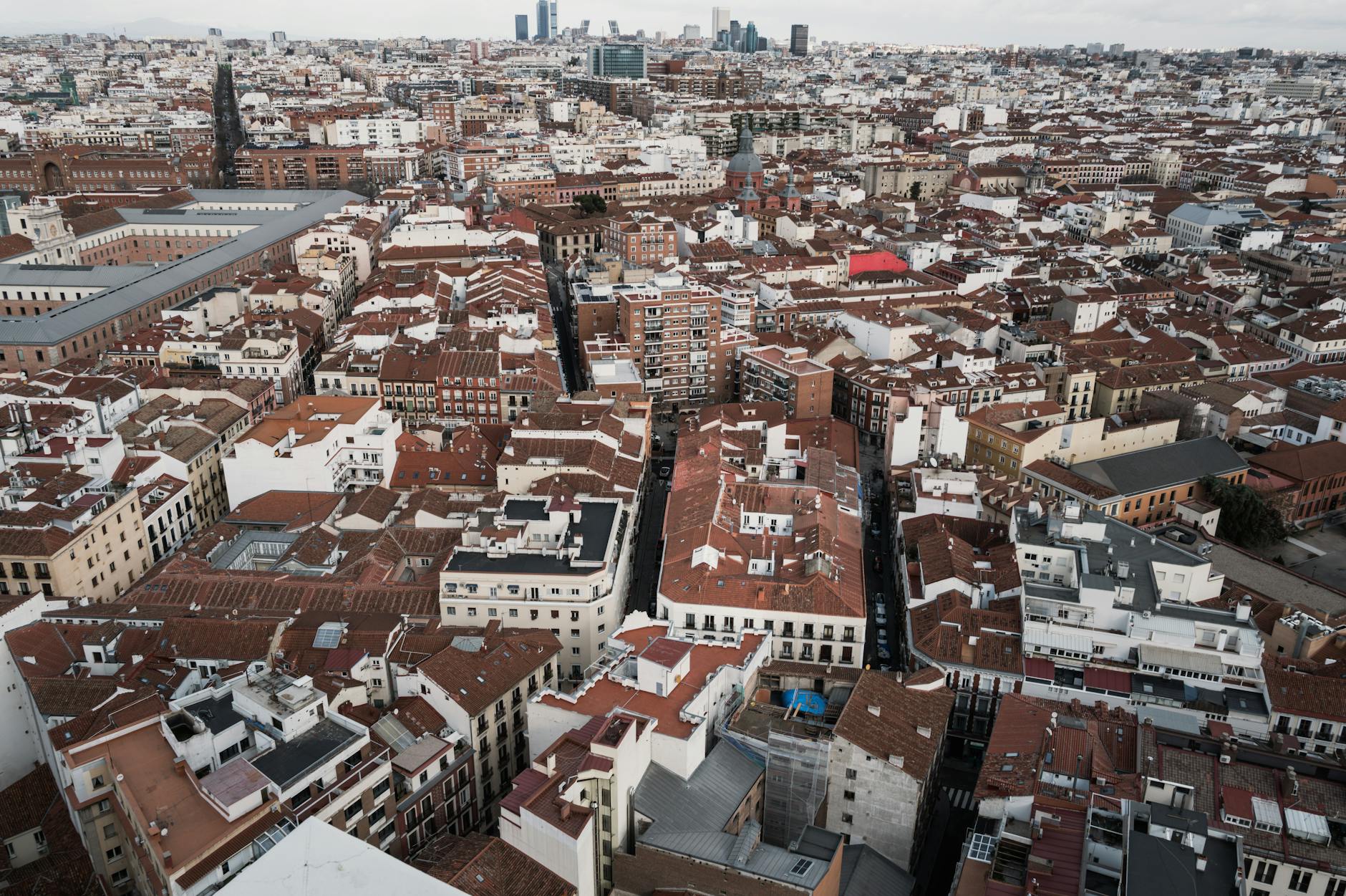 Aerial view of Madrid rooftops and dense urban blocks