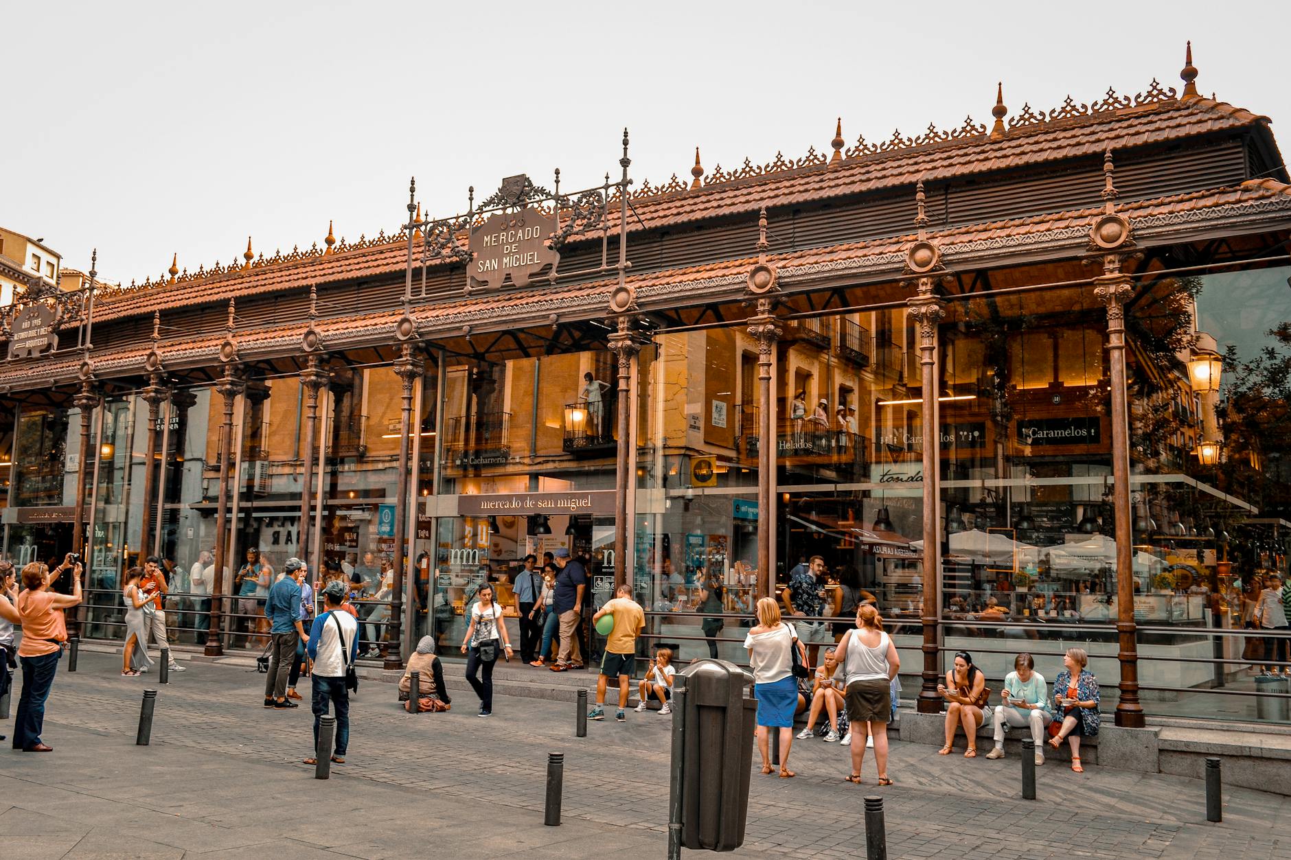 Busy scene outside Mercado de San Miguel in Madrid