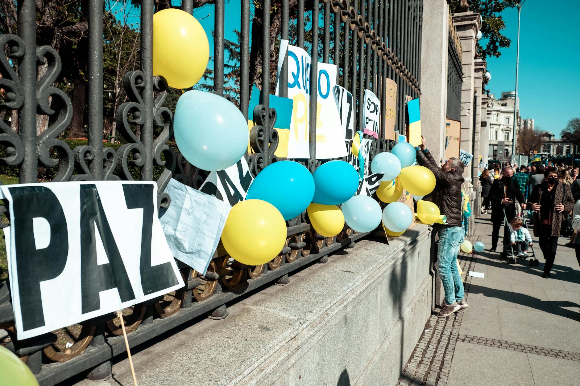 Peace protest signs and balloons in Madrid