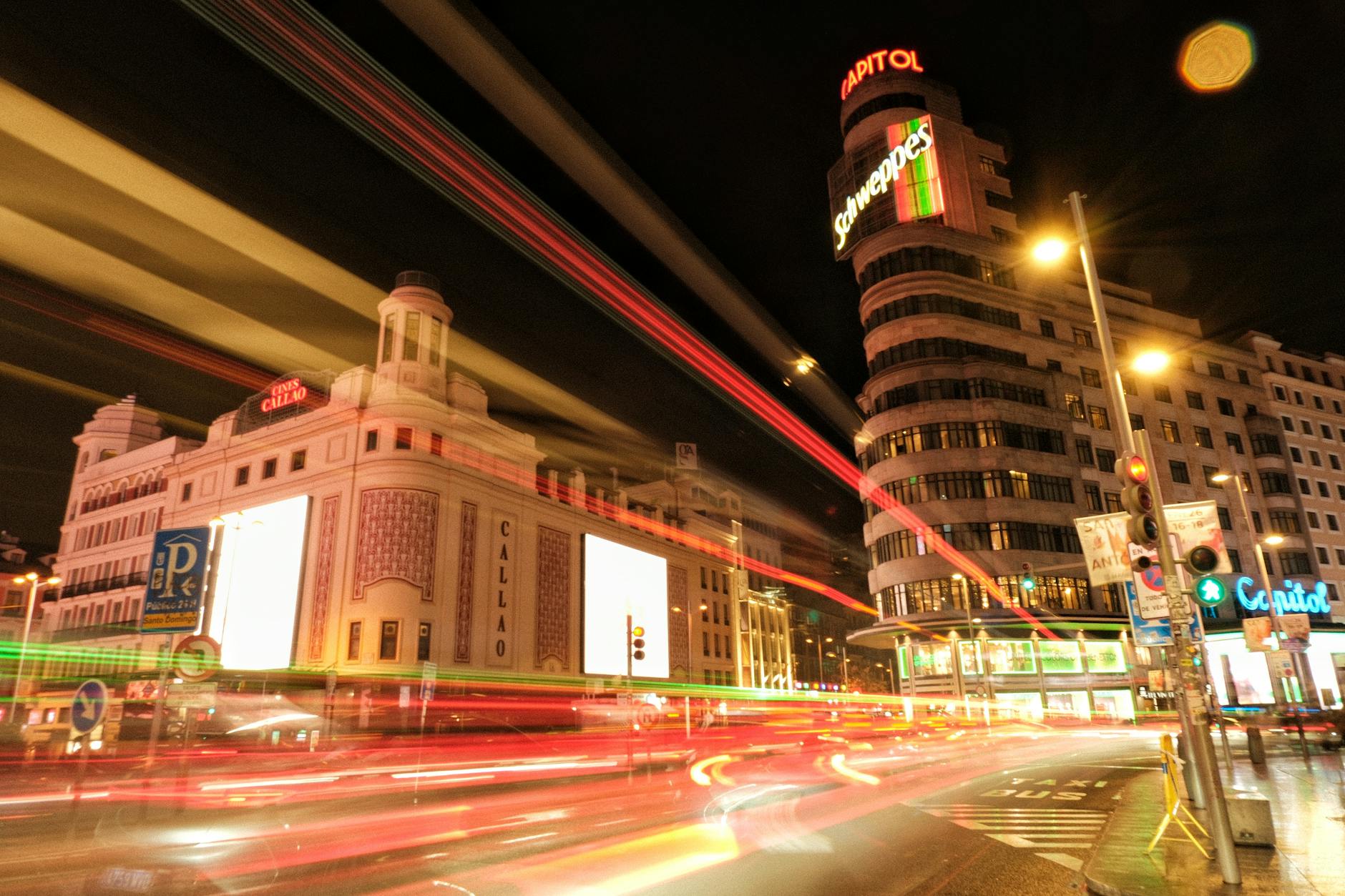 Callao Square in Madrid with nighttime light trails