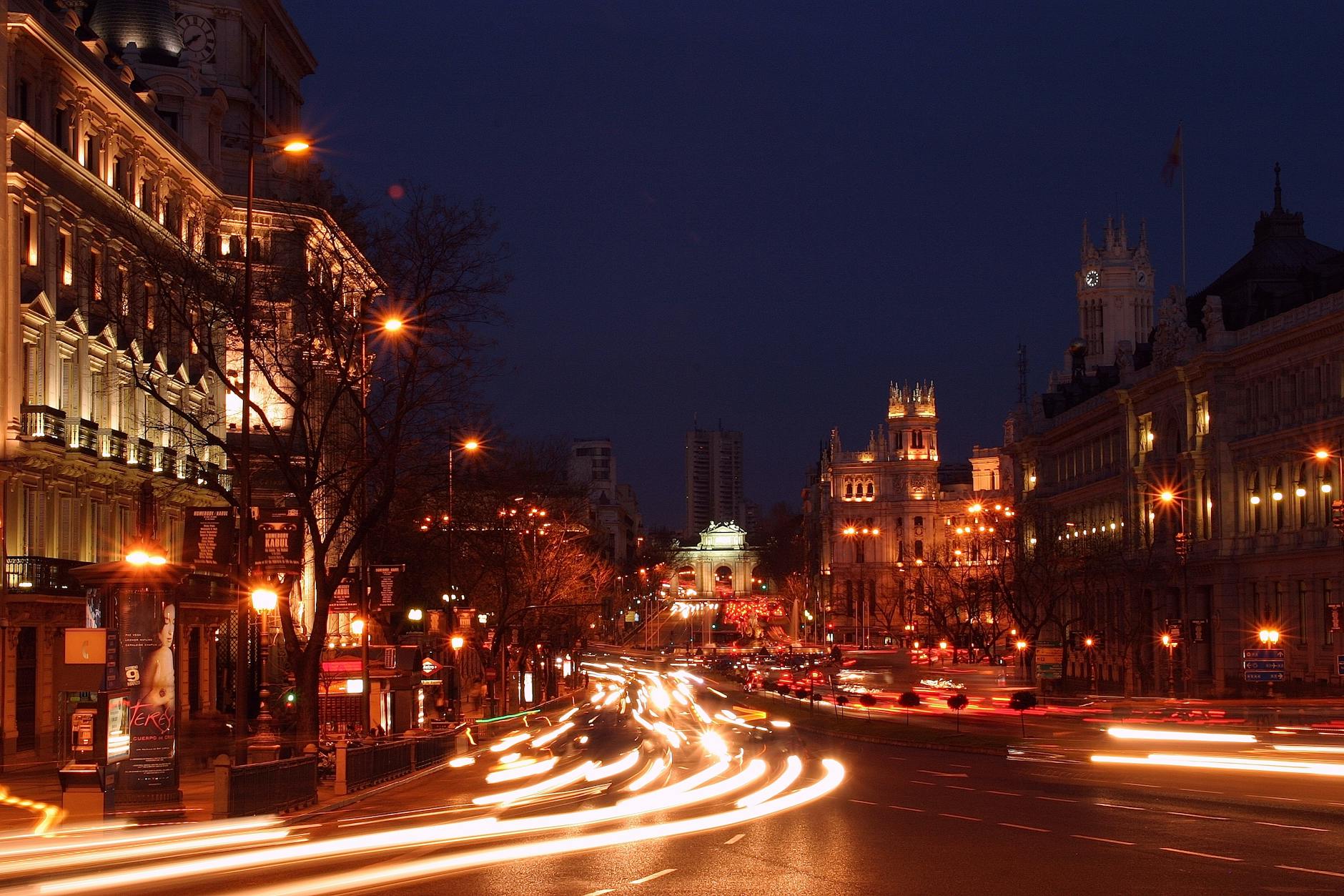 Madrid downtown at night with blurred traffic light trails