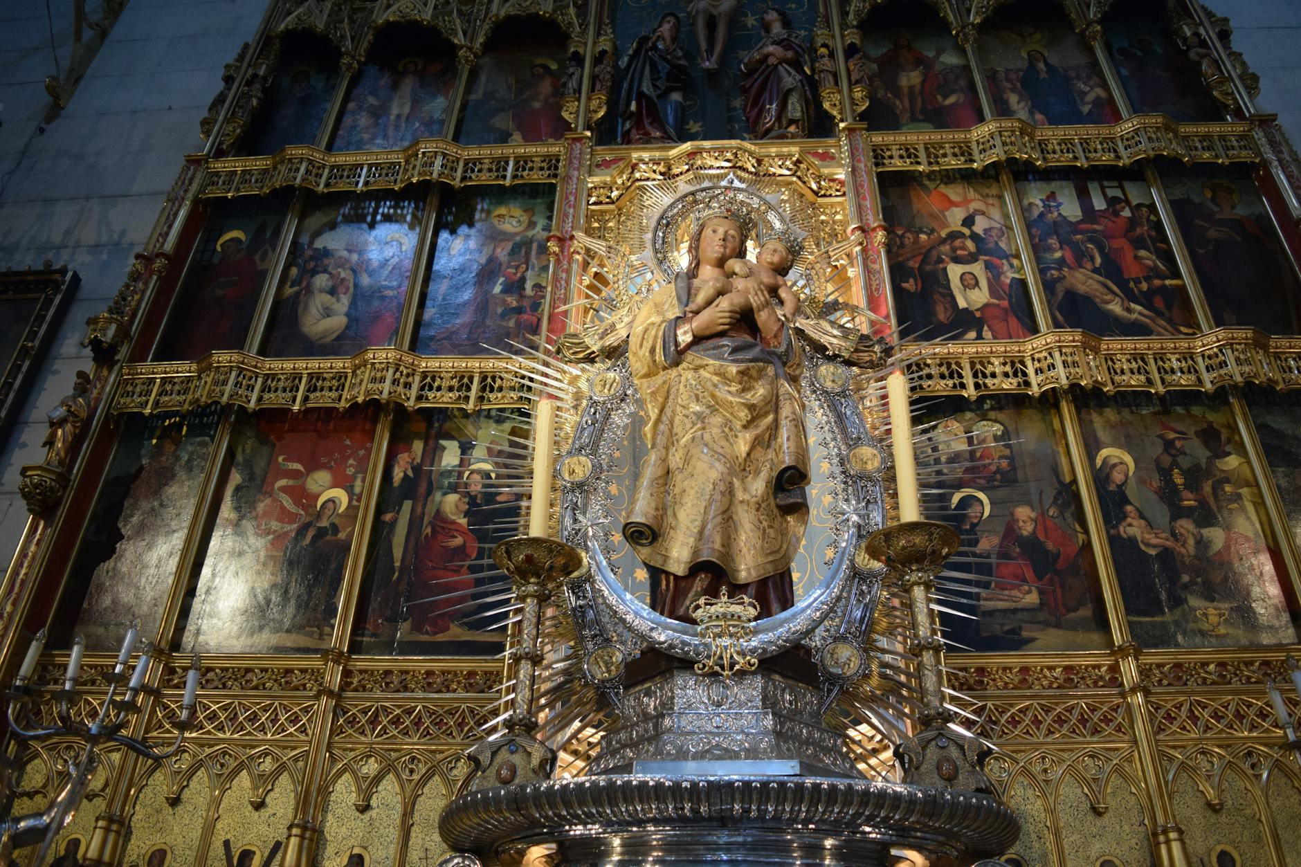 Virgin of Almudena statue and altar detail in Madrid