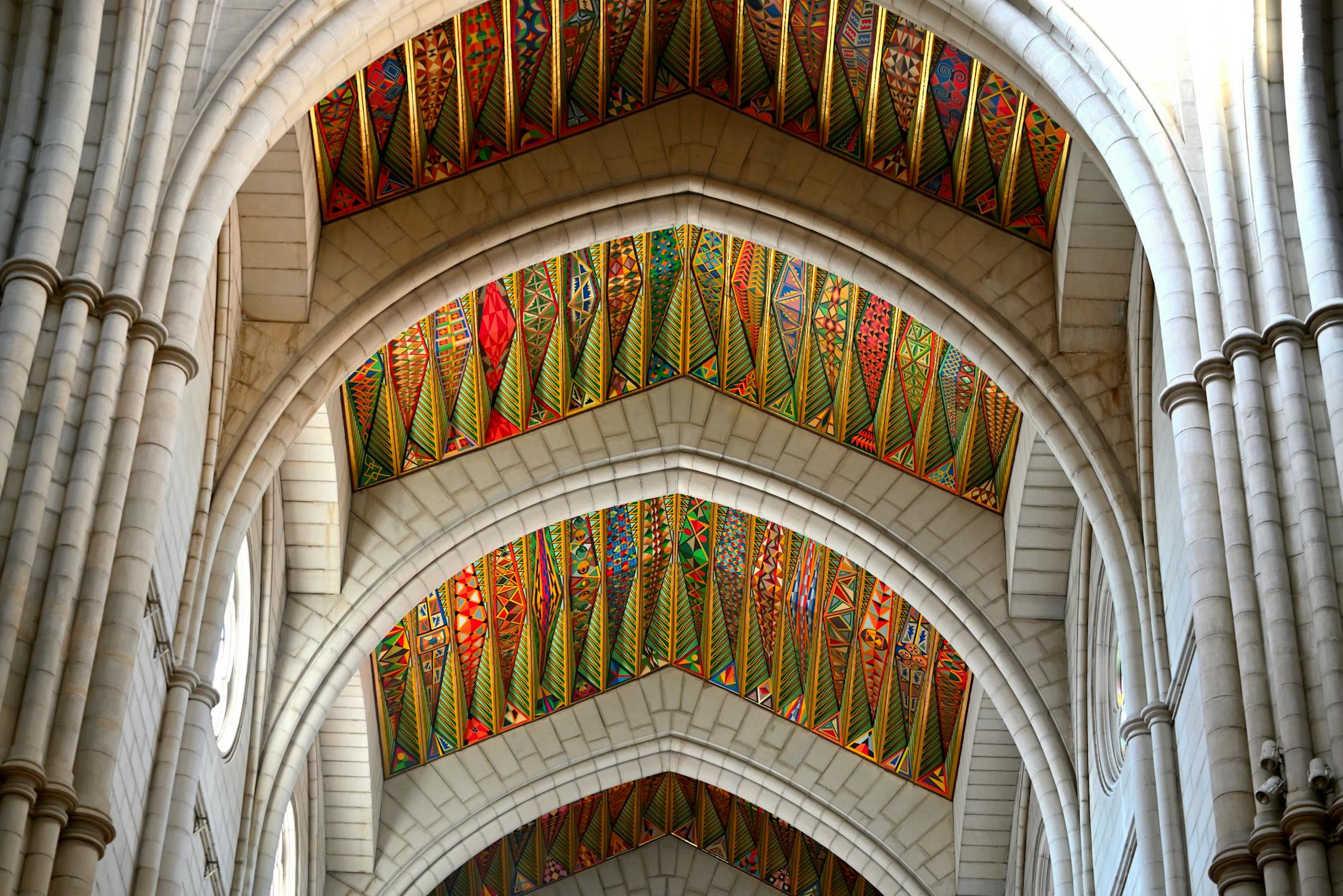 Colorful patterned ceiling inside Almudena Cathedral