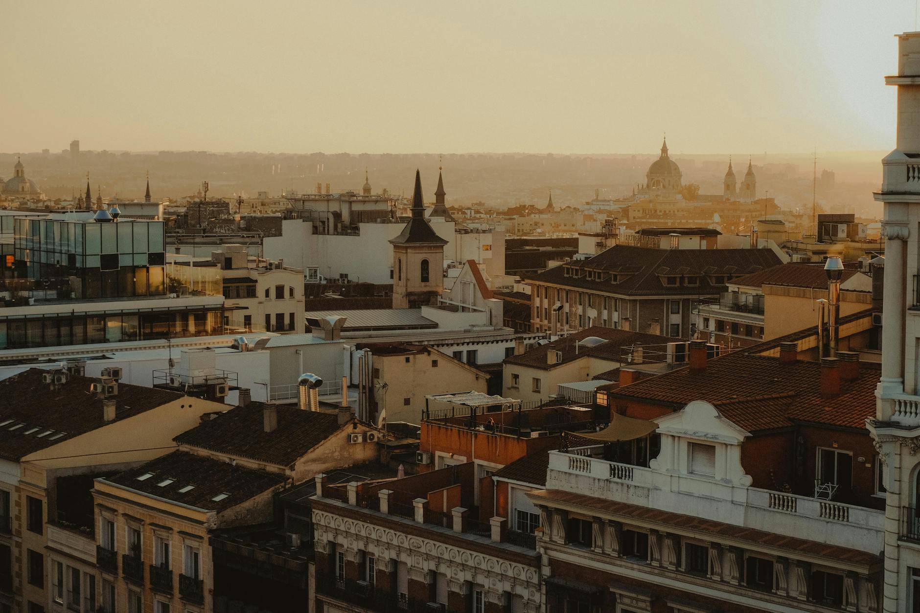 Madrid rooftops and skyline at sunset