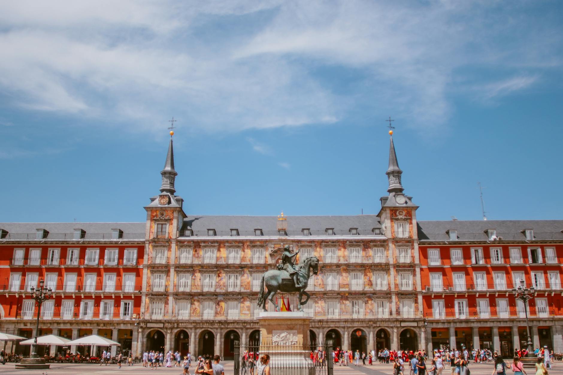 Plaza Mayor in Madrid under a clear blue sky