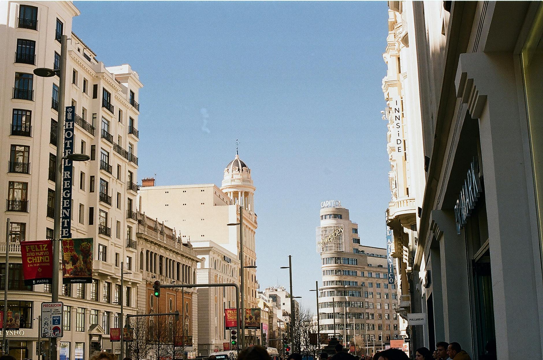 Gran Via street scene in Madrid with historic architecture