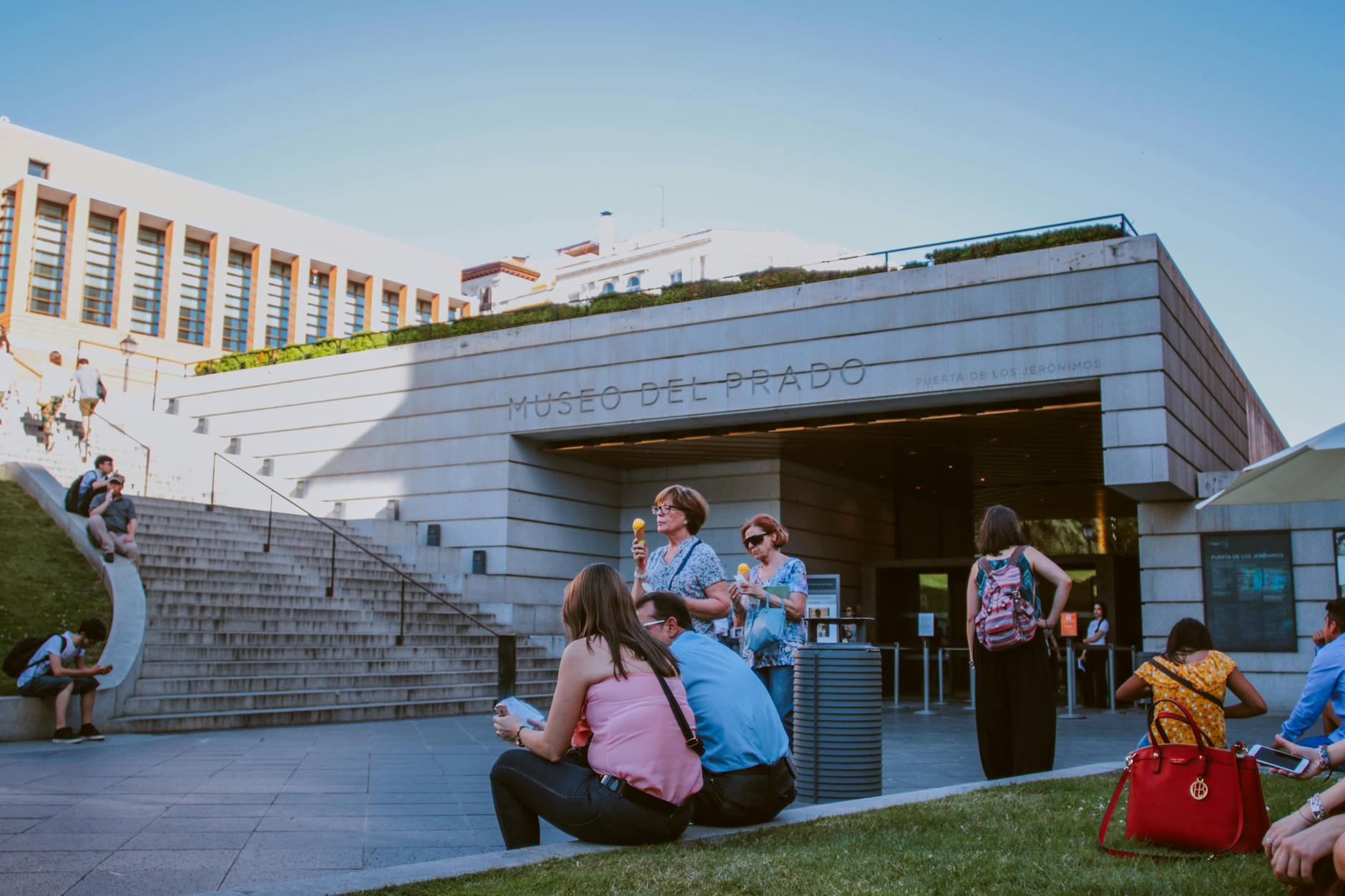 Visitors gathered near the entrance of the Prado Museum in Madrid