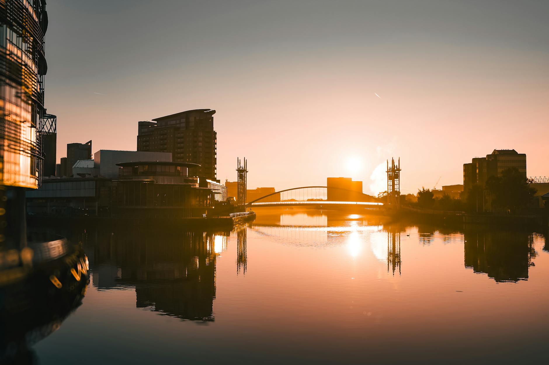 Salford Quays skyline at sunrise with water reflections