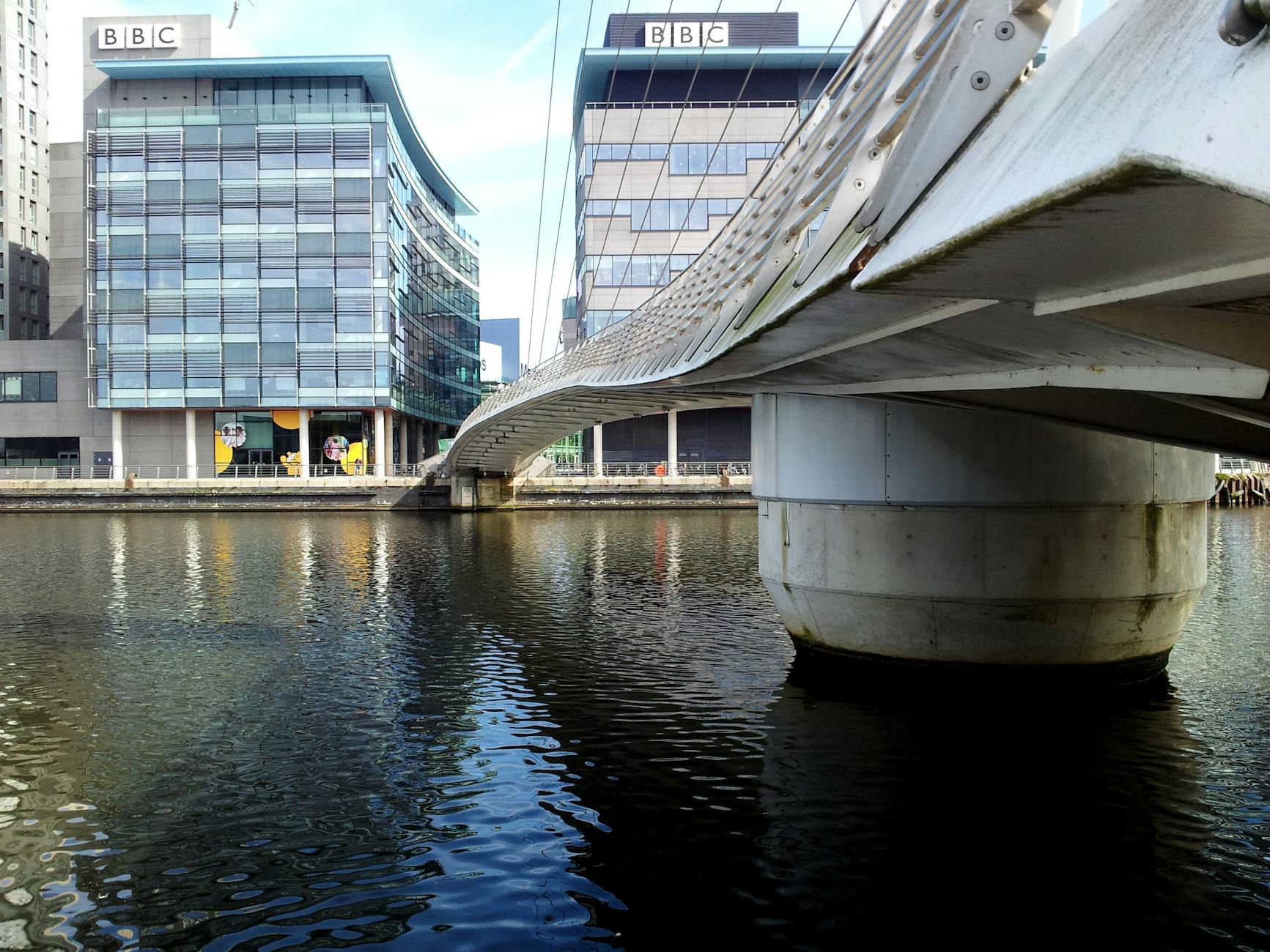 Modern buildings and bridge at Salford Quays in Manchester