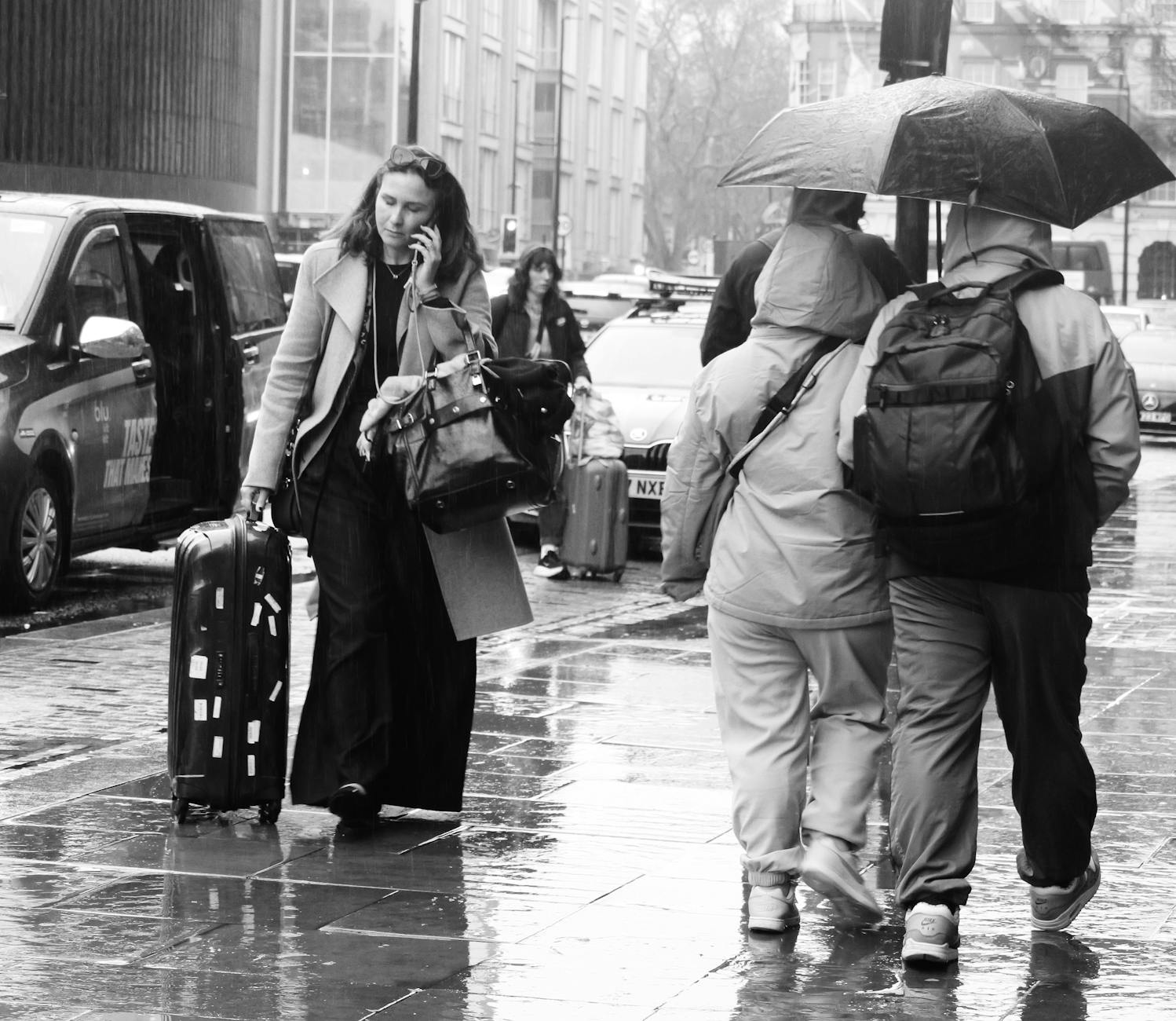 Rainy street scene with travelers, luggage, and umbrellas