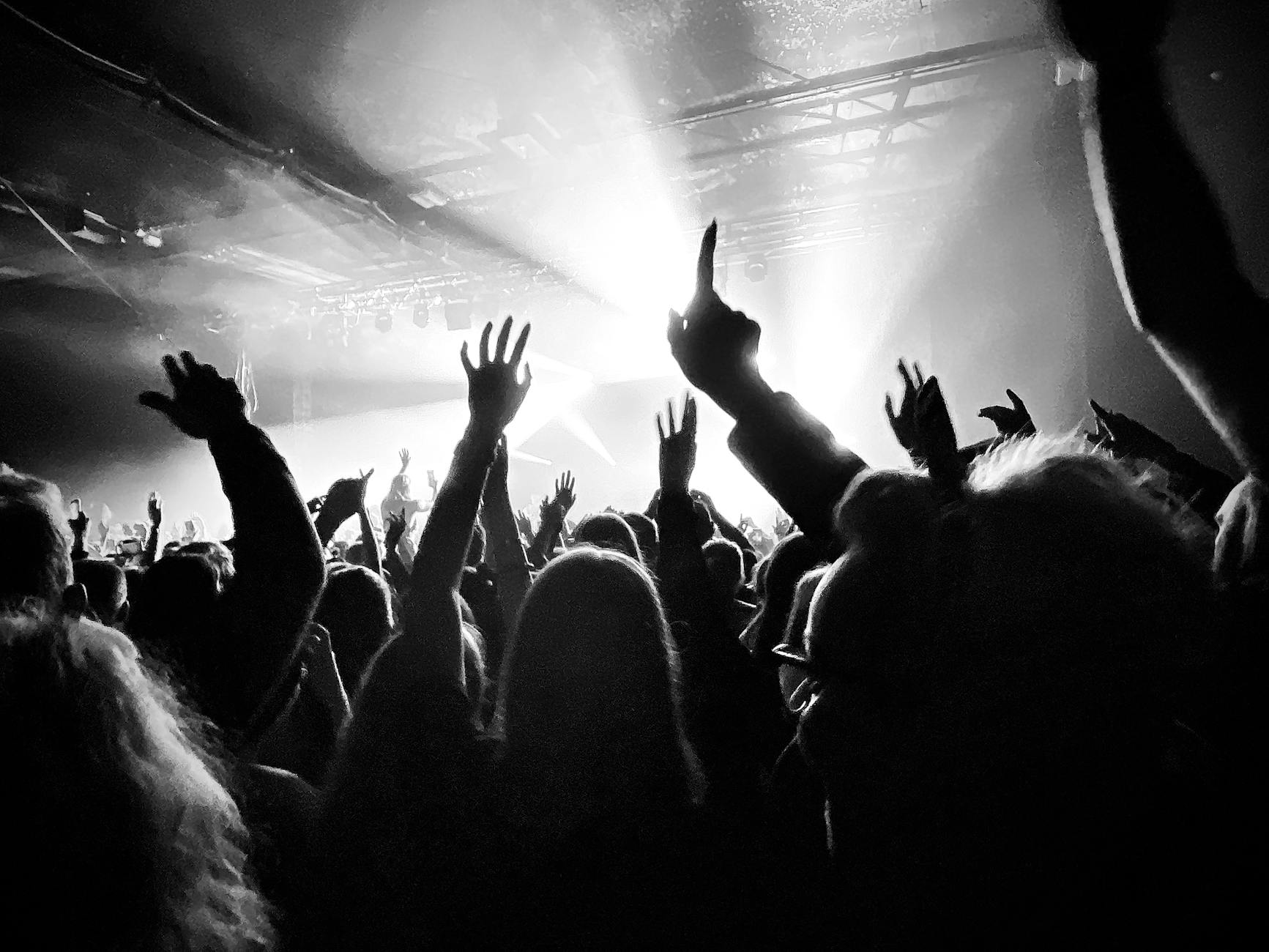 Black-and-white nightclub crowd in Manchester