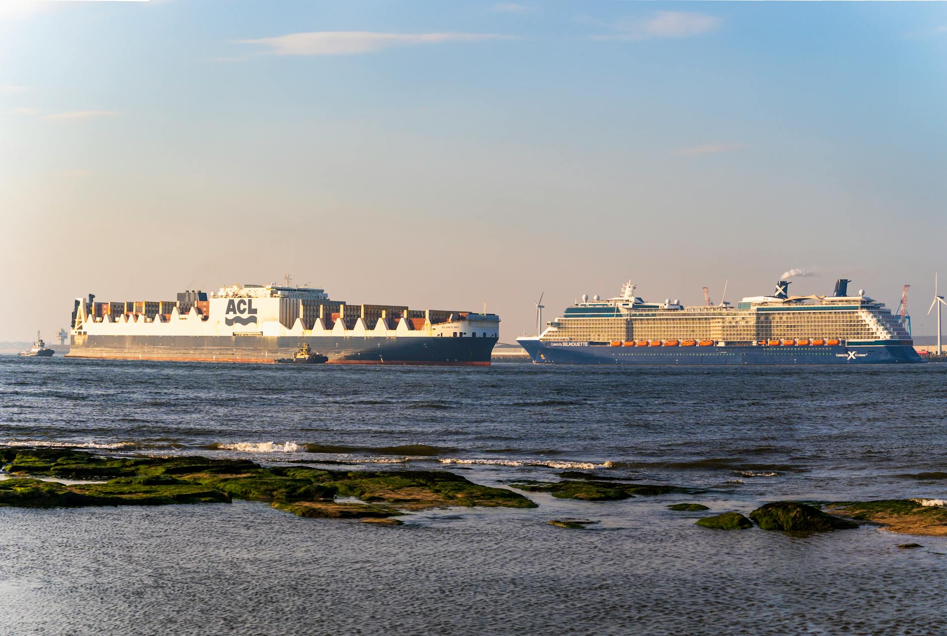 Cargo and cruise ships on the River Mersey near Liverpool