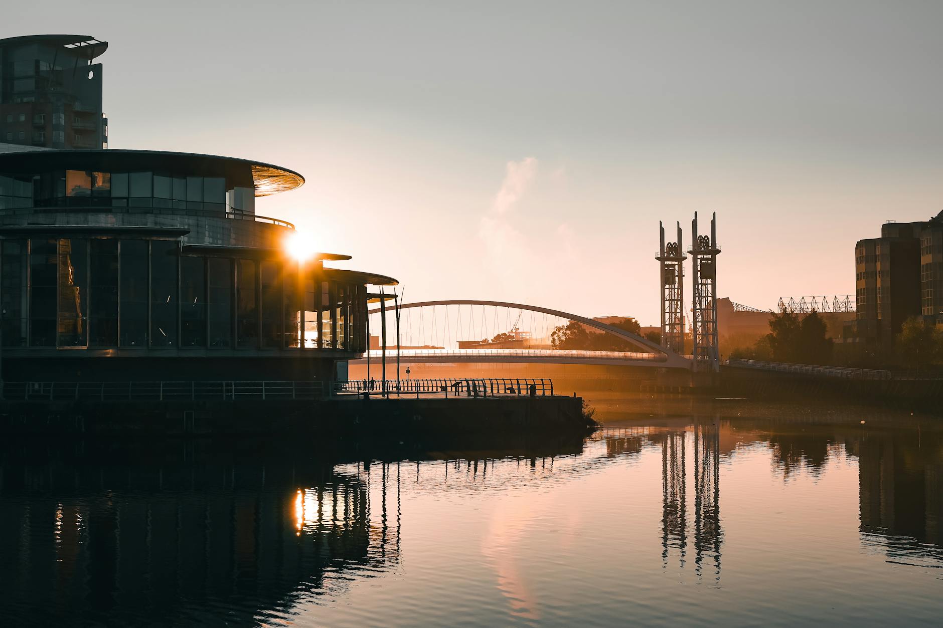 Salford Quays sunrise with reflections and modern architecture