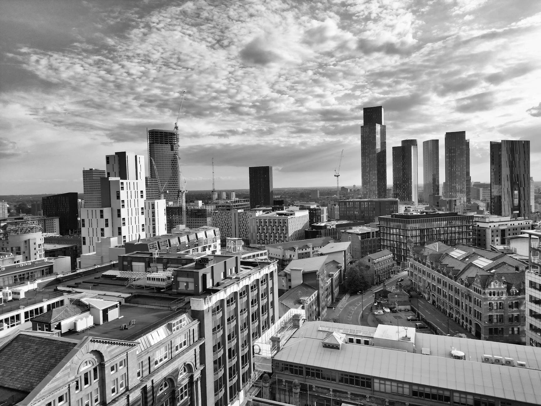Monochrome Manchester skyline for transaction mapping