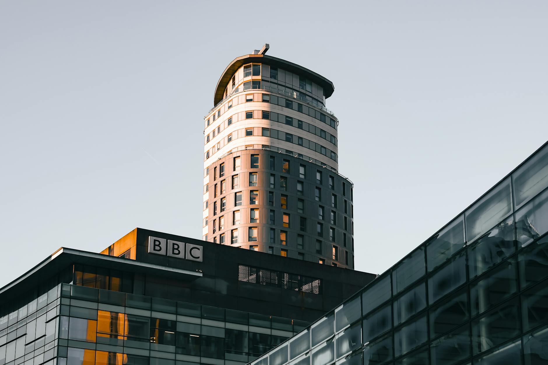 BBC building at Salford Quays during golden hour