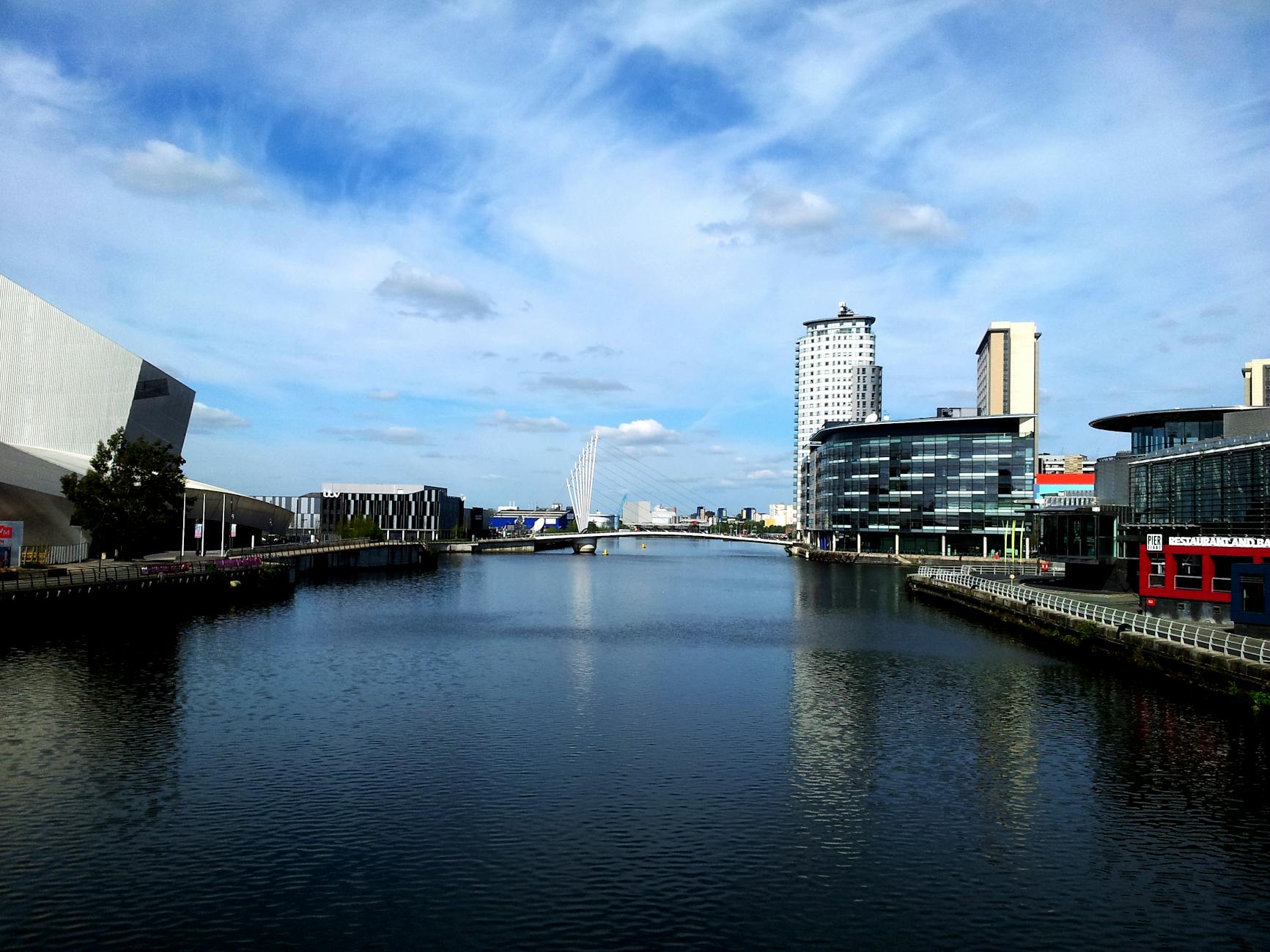 Modern Salford Quays waterfront buildings in Greater Manchester