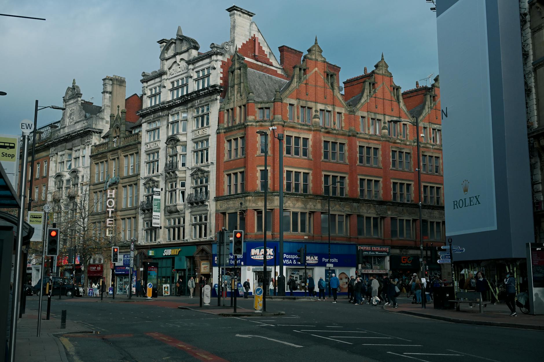 Historic Manchester street with vibrant city-centre architecture