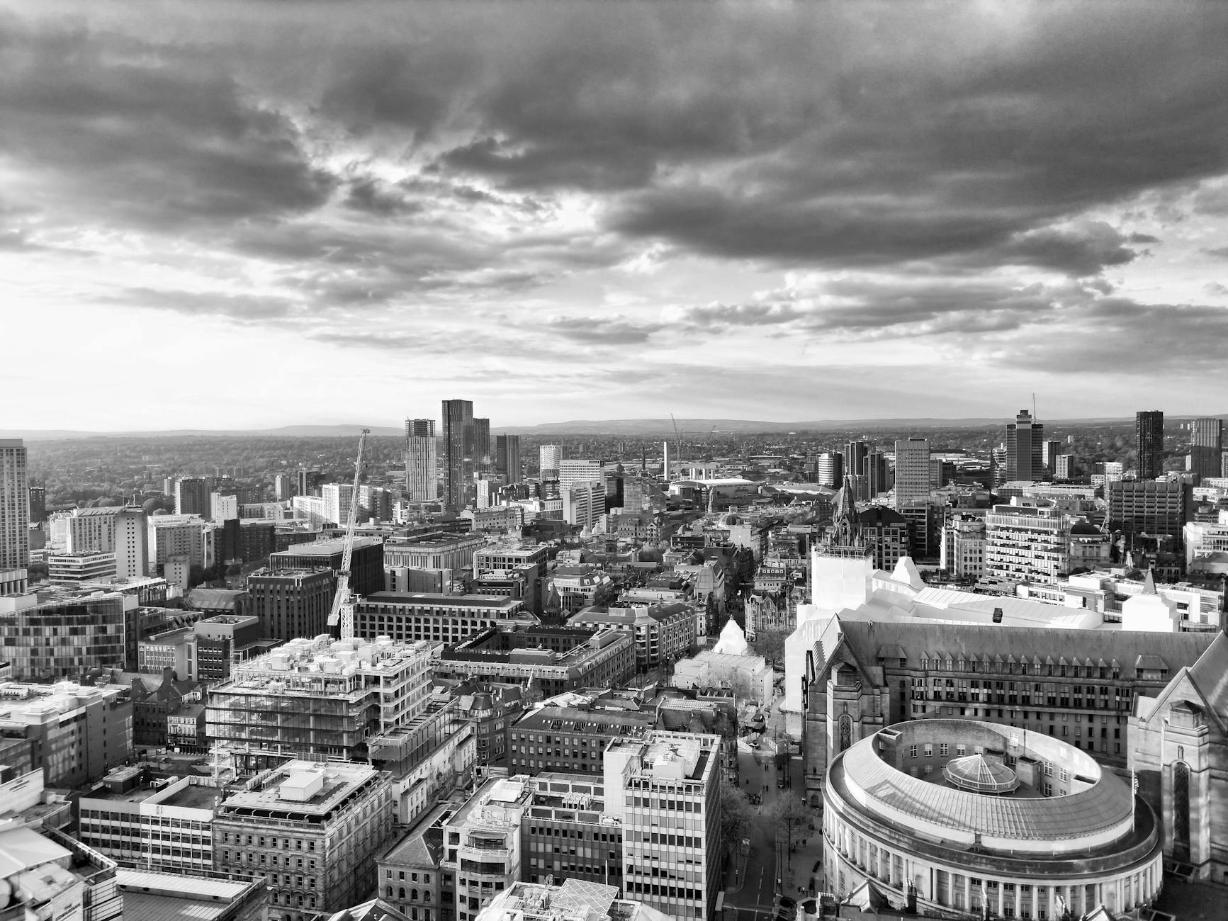 Black and white aerial view of Manchester cityscape