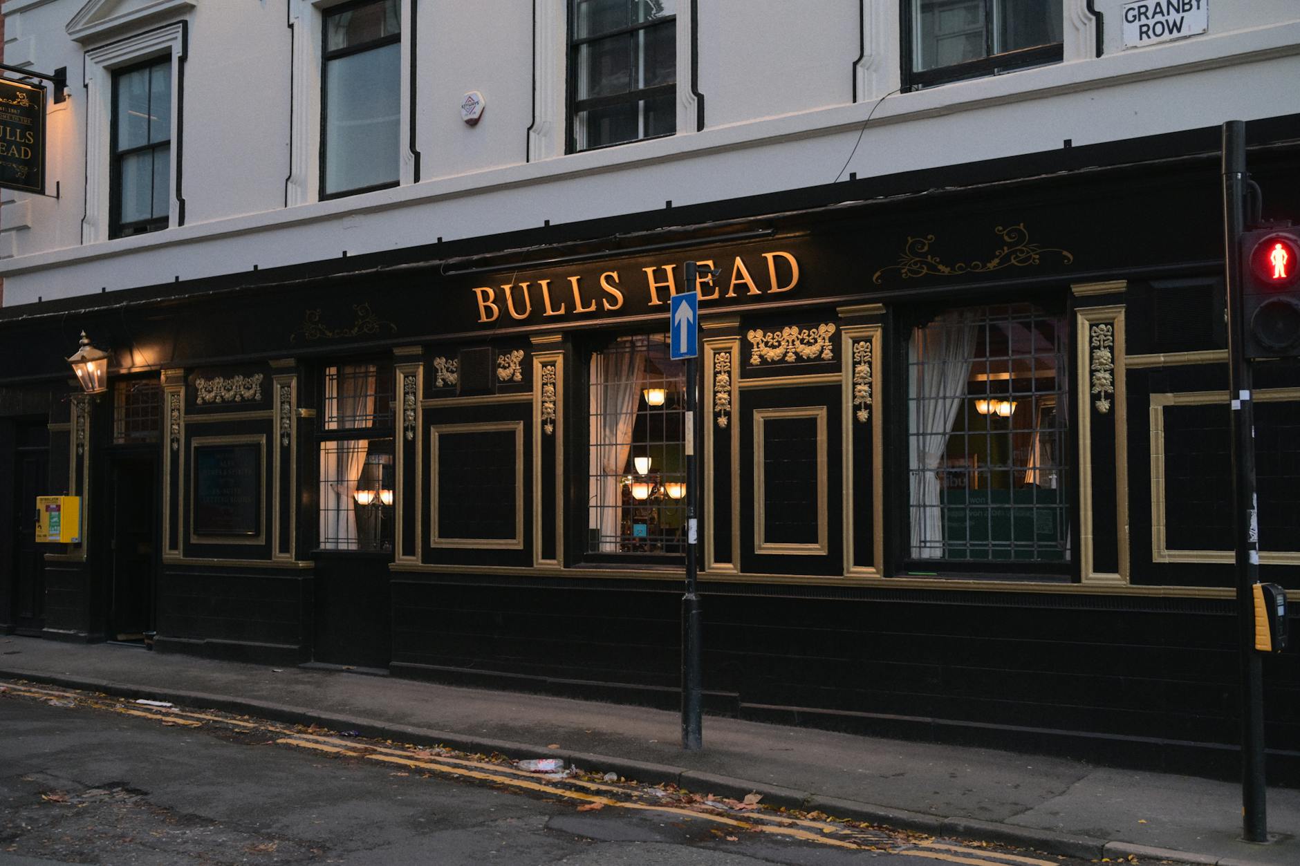 Bulls Head pub exterior on Granby Row in evening light