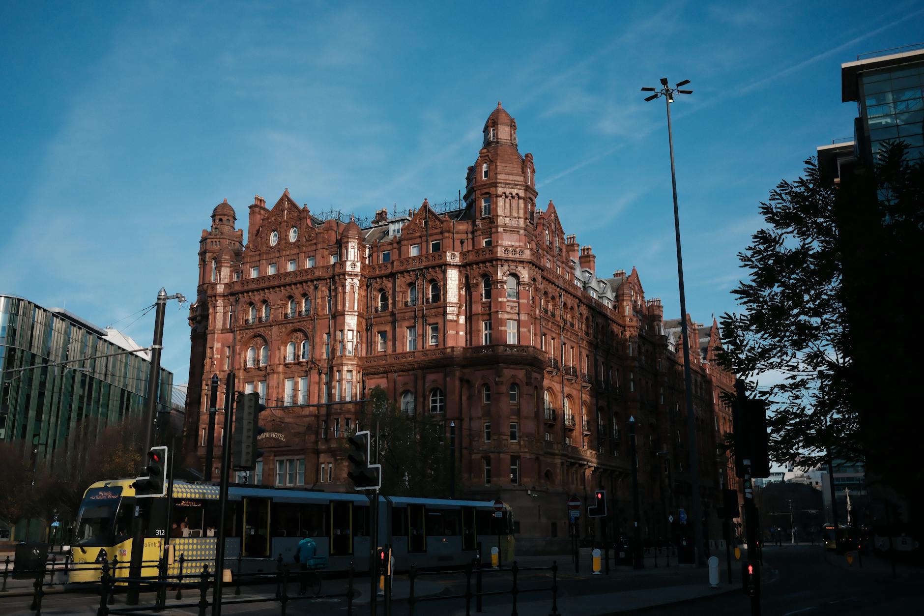 Midland Hotel in Manchester with a tram in the foreground