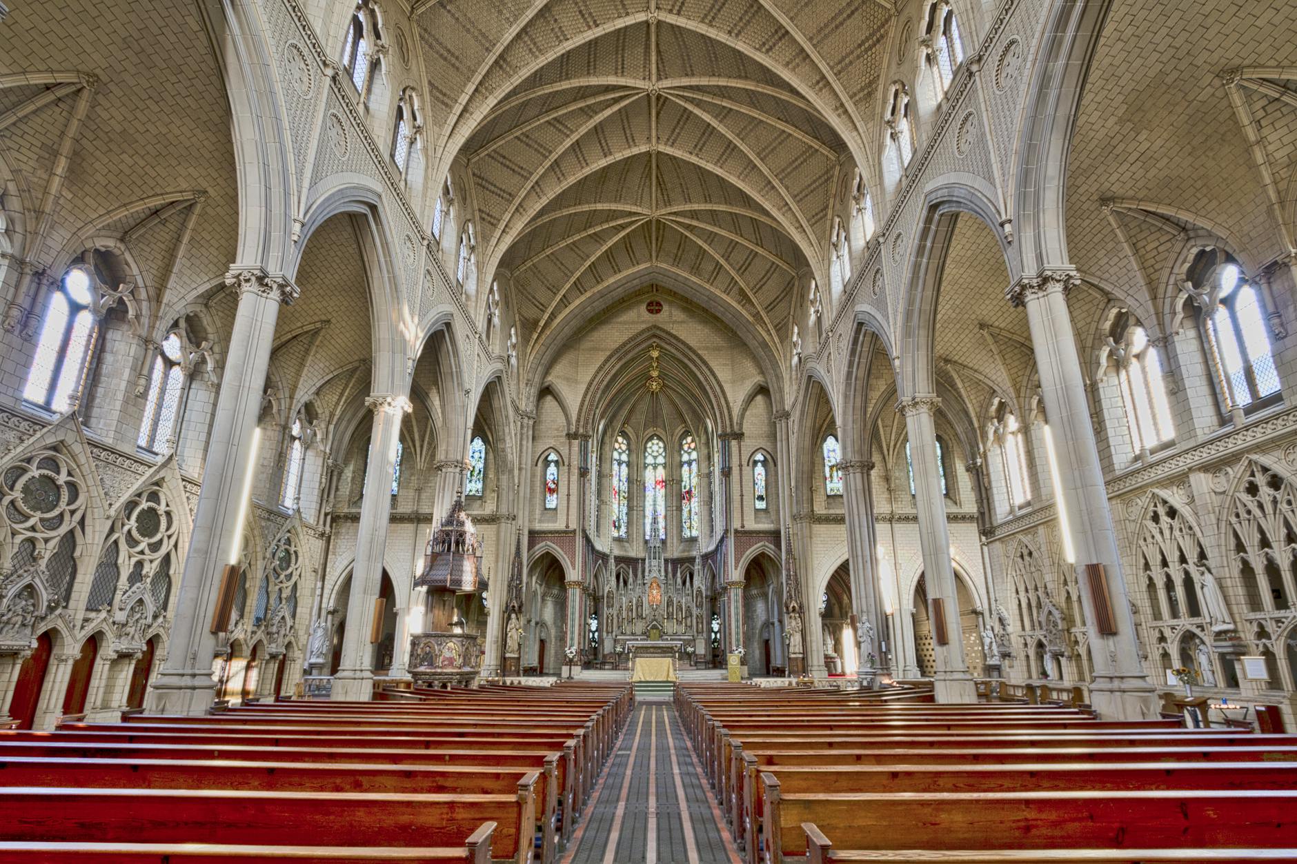 Historic Gothic church interior with vaulted arches