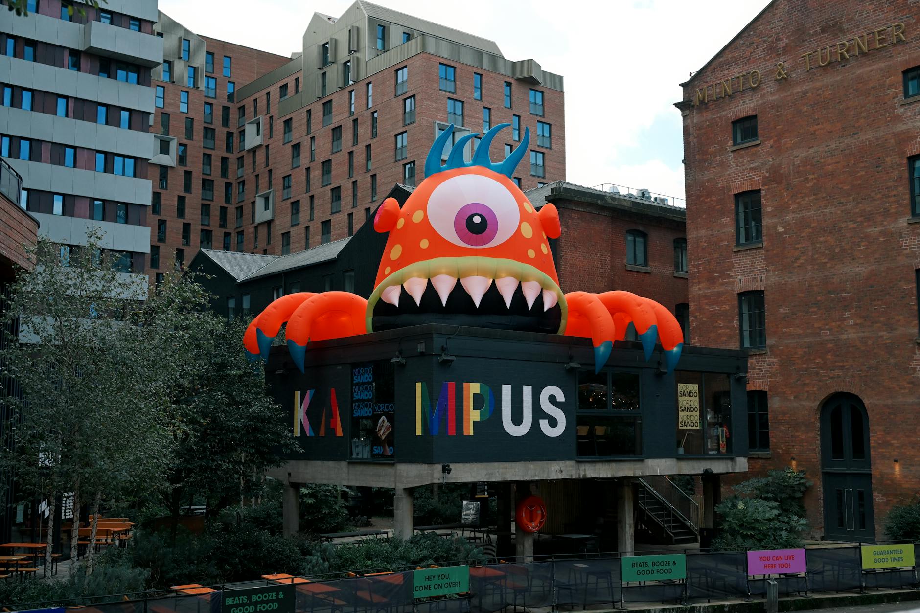 Colorful installation above Kampus in Manchester