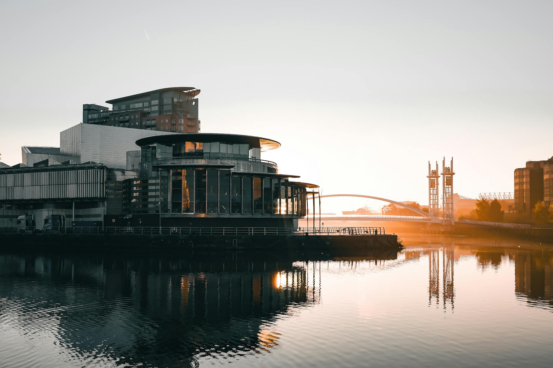 Sunrise over MediaCity in Salford Quays