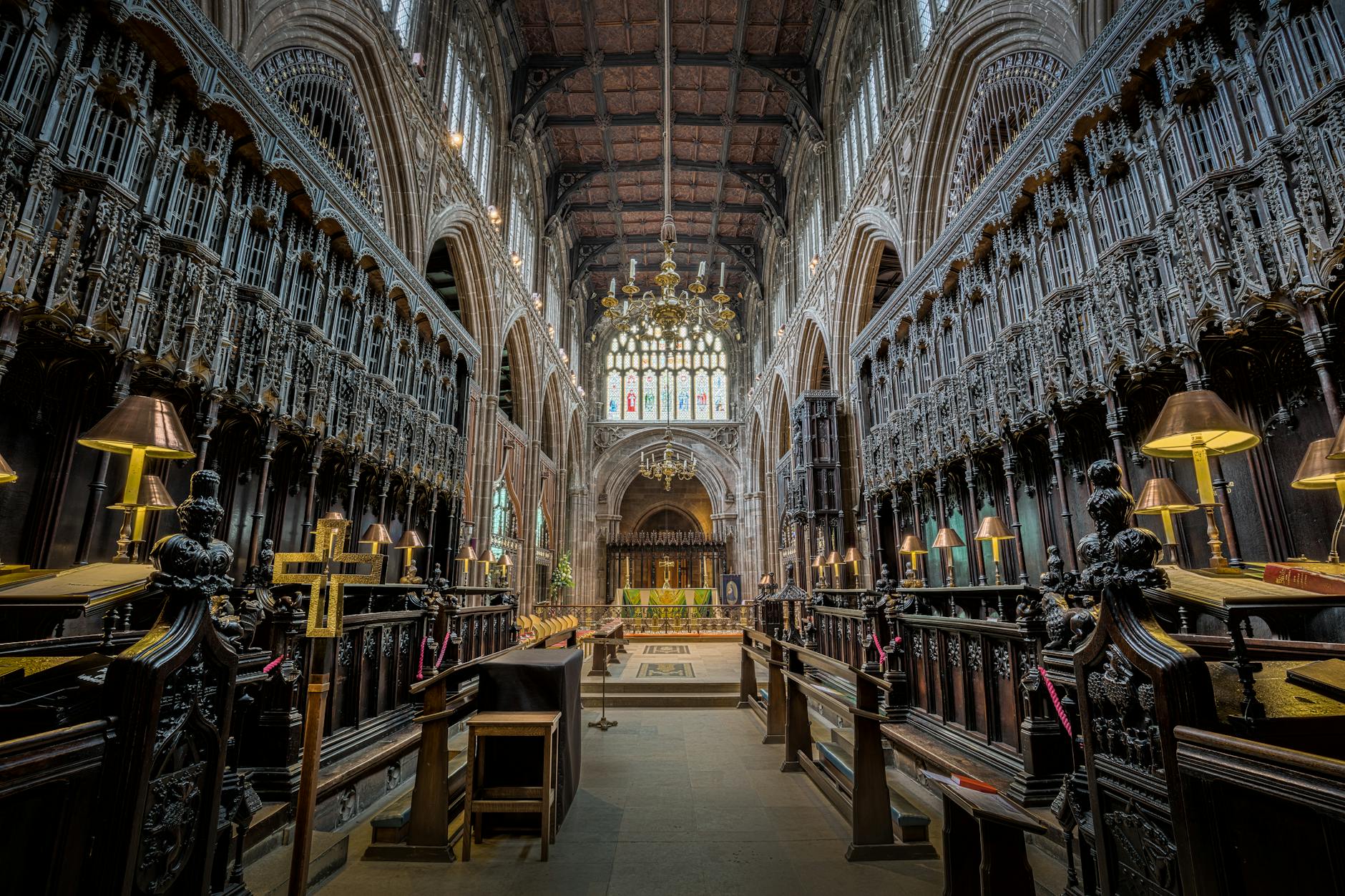 Detailed Gothic interior architecture inside Manchester Cathedral