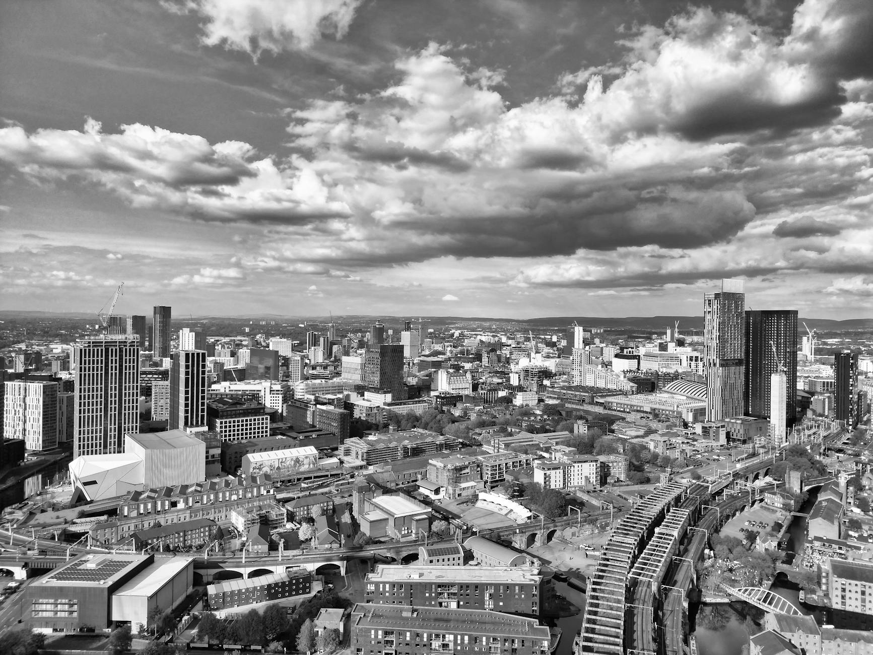 Black and white aerial view of the Manchester skyline